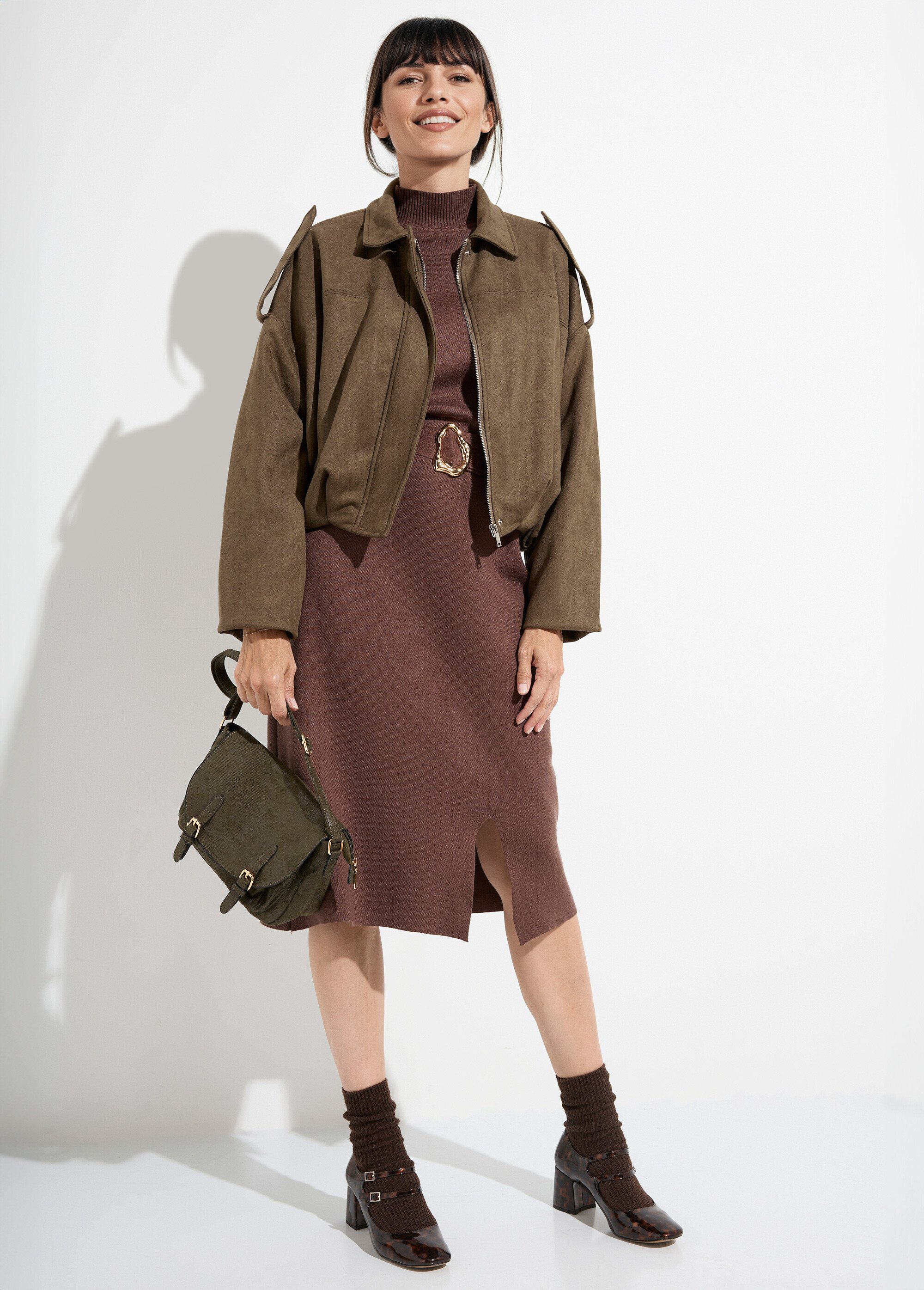 Veste oversize courte plissée en suédine Femme Vert LBC-VE050A SI1