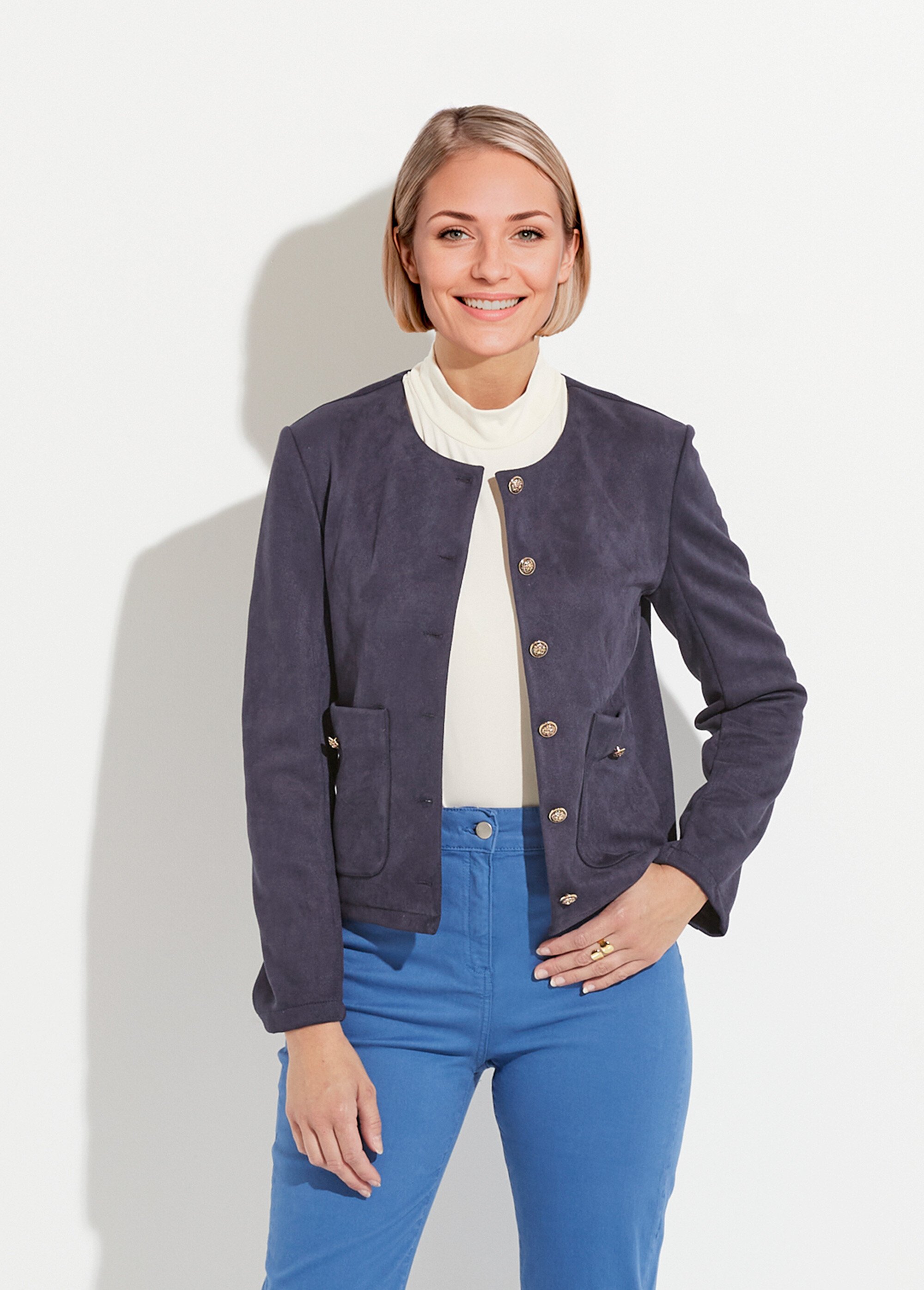 Veste sans col boutonnée courte marine Femme Bleu TIANA FA1
