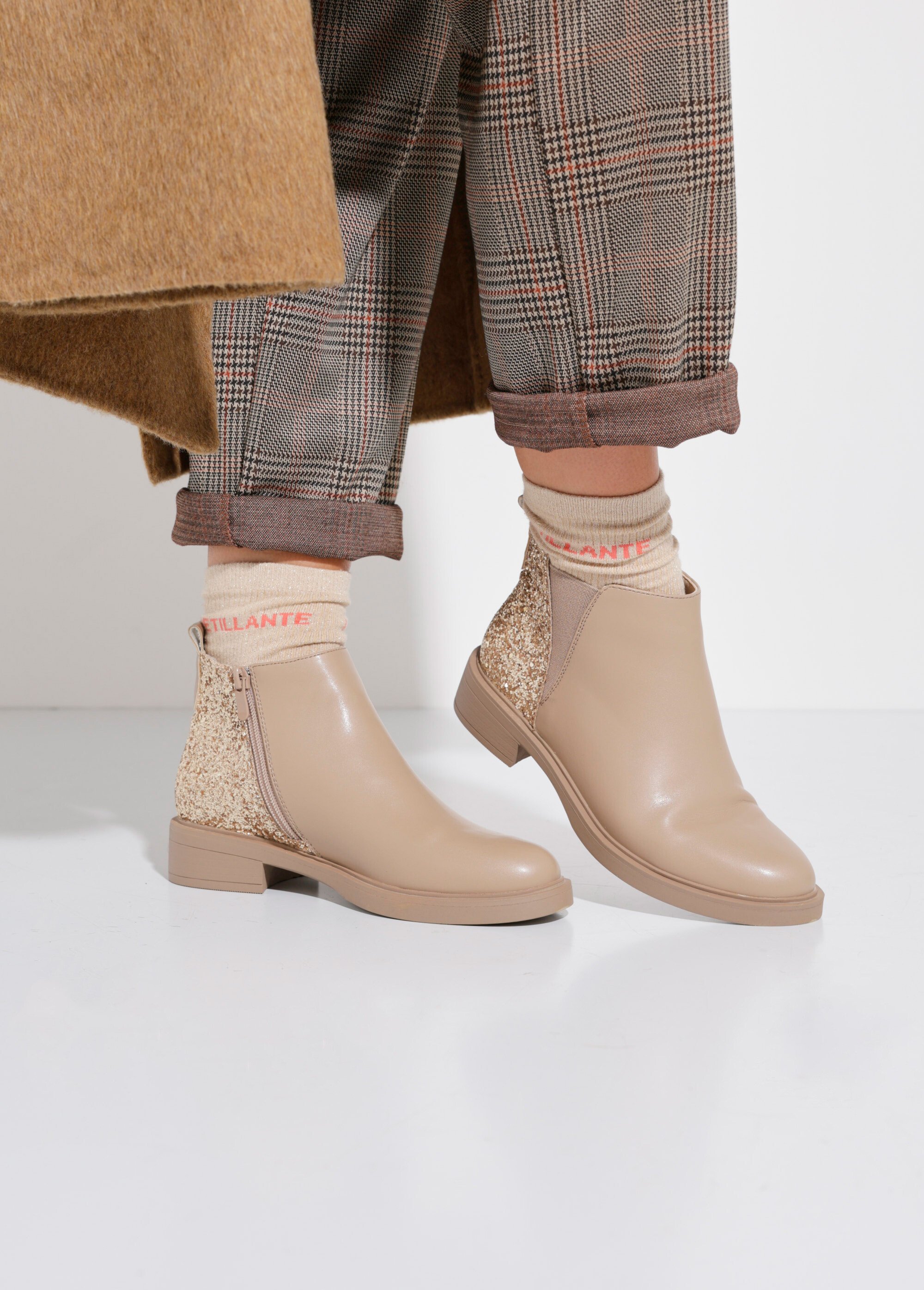 Boots Chelsea, détail paillettes talon Femme Beige LBSDQY8271 SF1