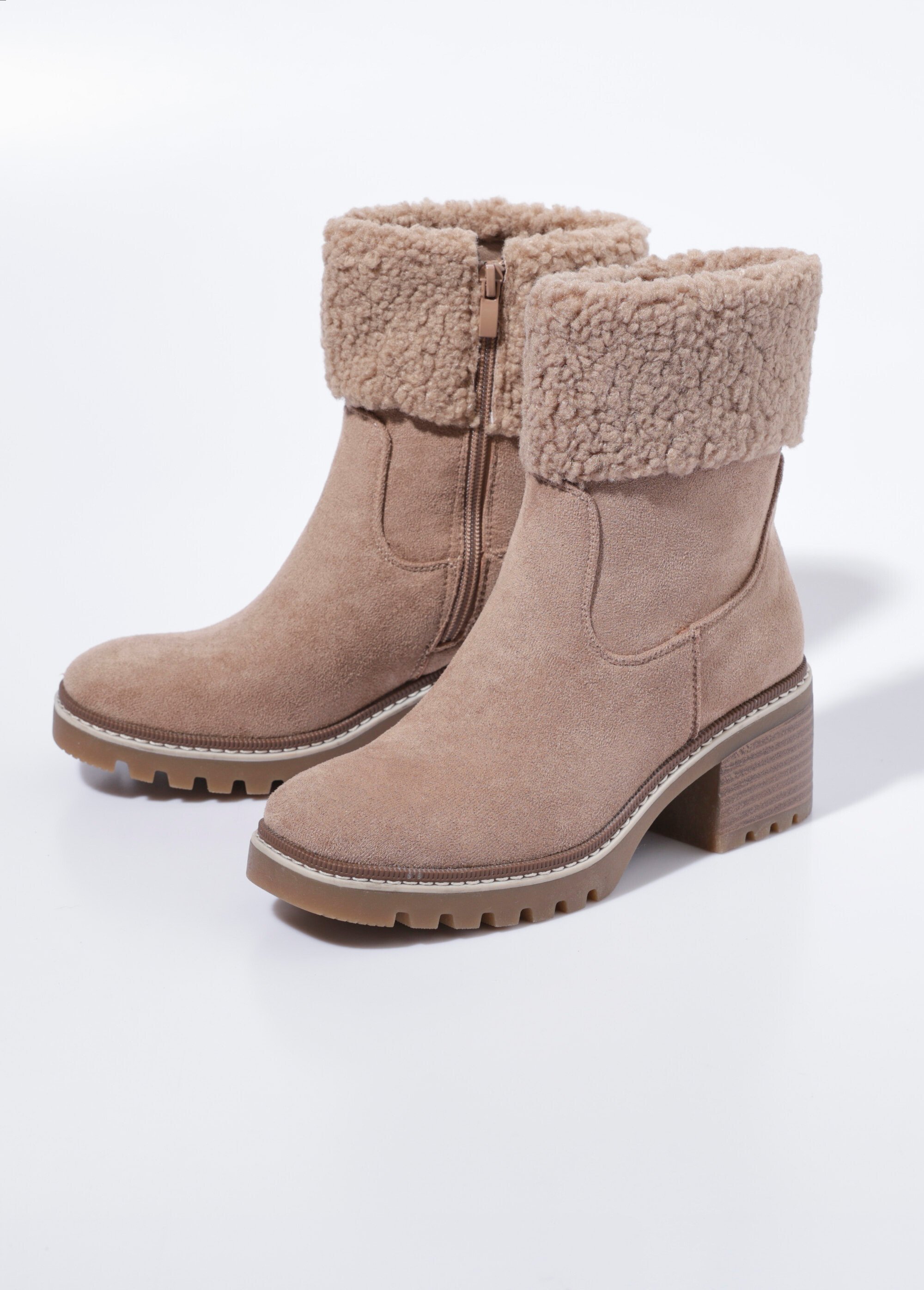 Boots suédine à talon, revers fourrure Femme Beige LBSDLH9027 DE1