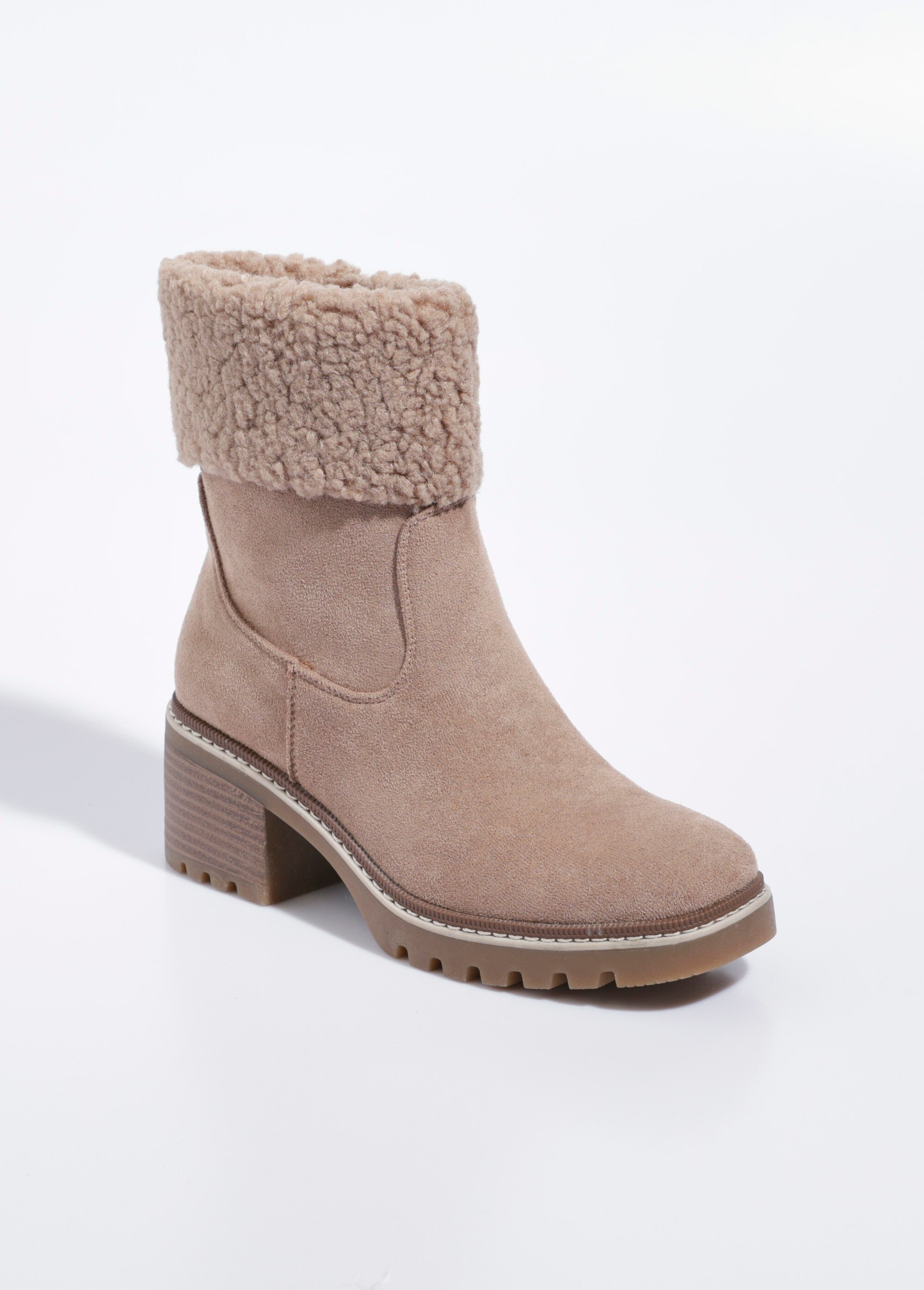 Boots suédine à talon, revers fourrure Femme Beige LBSDLH9027 FA1