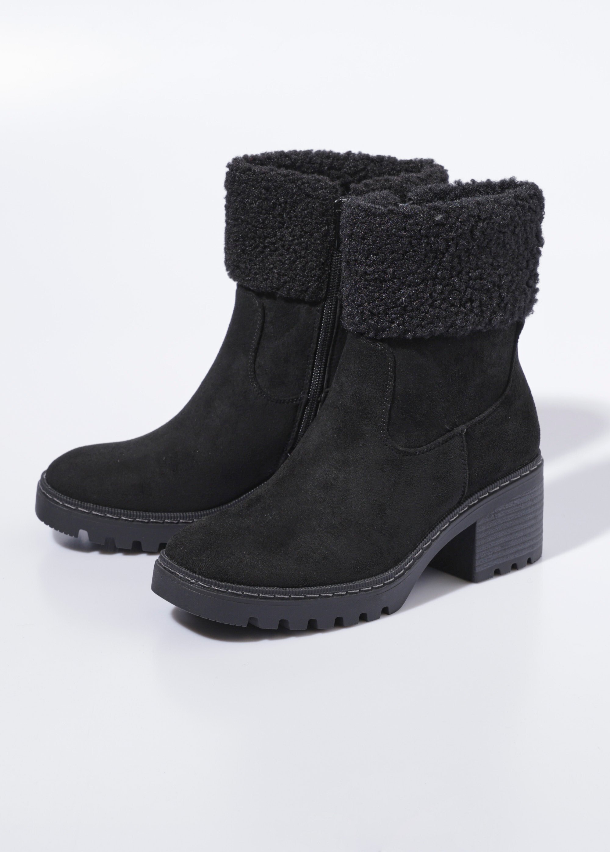 Boots suédine à talon, revers fourrure Femme Noir LBSDLH9027 DE1