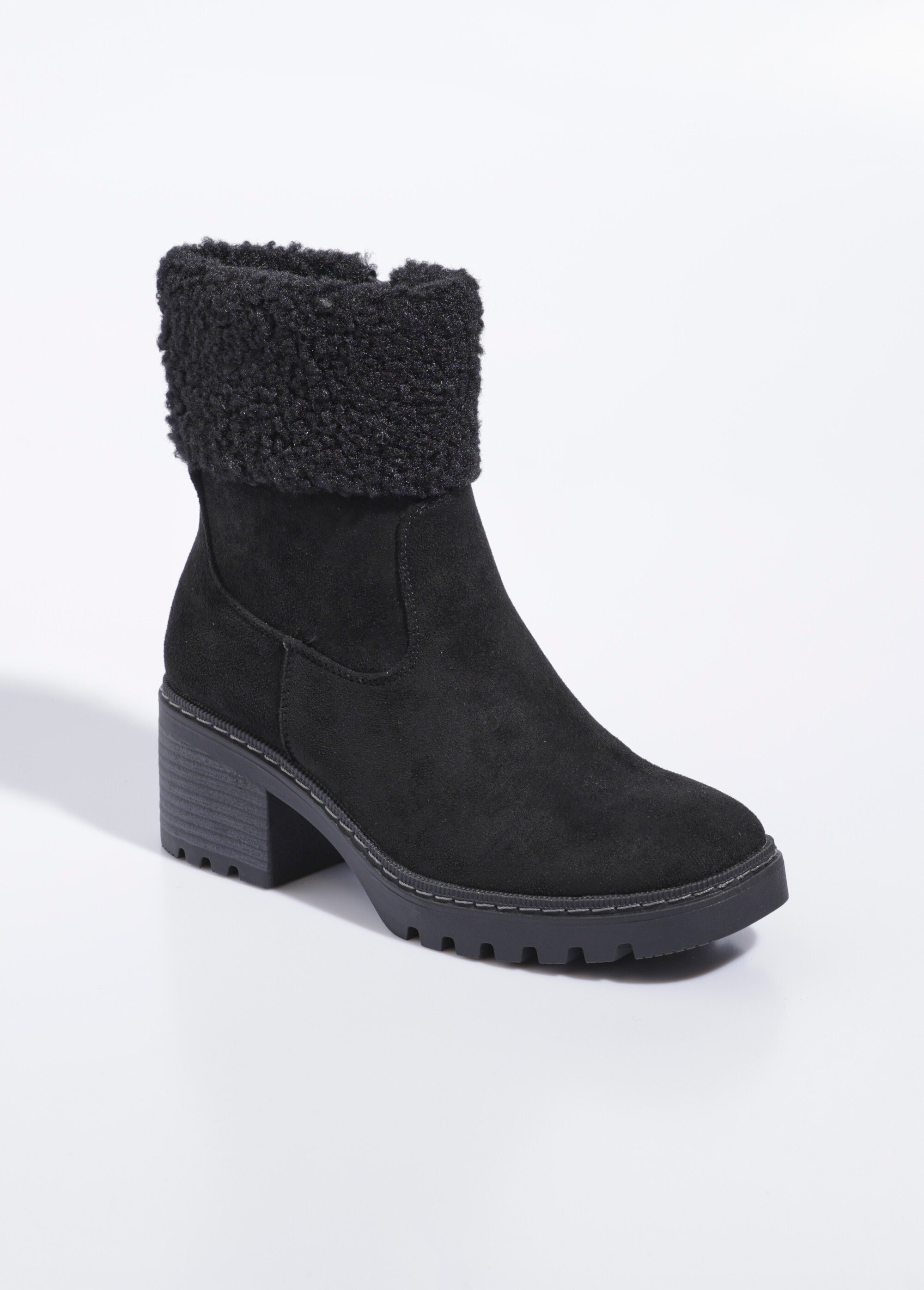 Boots suédine à talon, revers fourrure Femme Noir LBSDLH9027 FA1