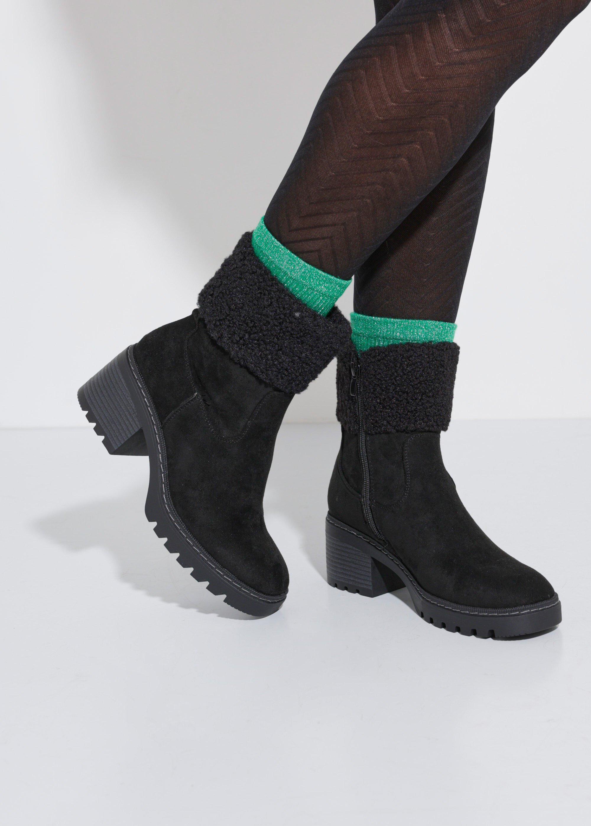 Boots suédine à talon, revers fourrure Femme Noir LBSDLH9027 SF1