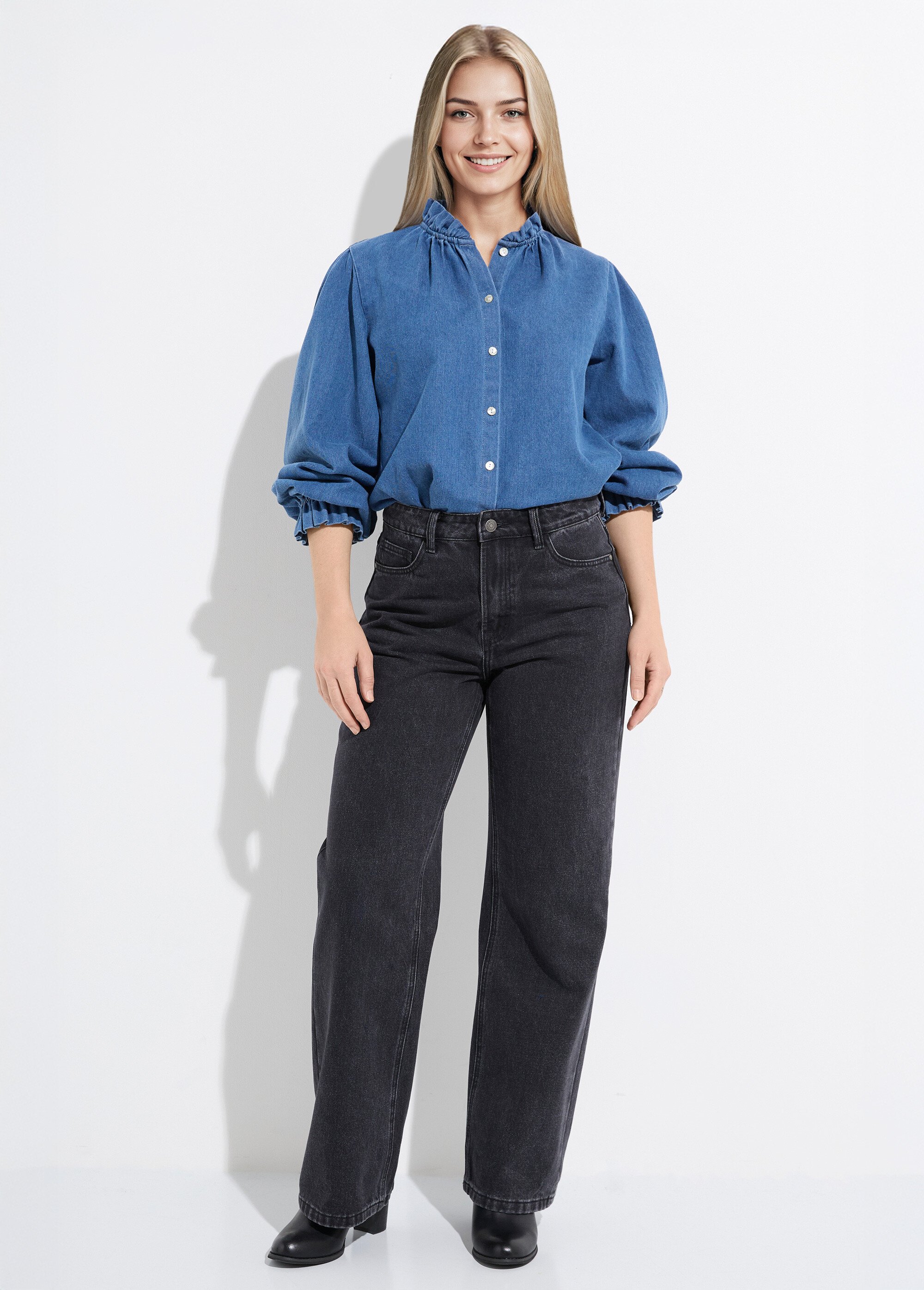 Jean 5 poches denim, coupe large Femme Jaune OR-JD537 SF1