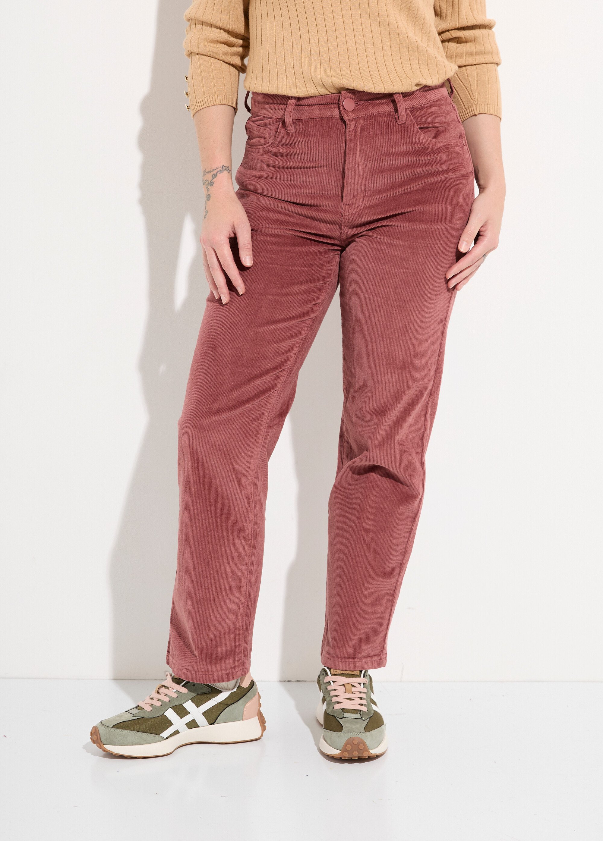 Jean 5 poches en velours, coupe droite Femme Rose OR-H1982 FA1