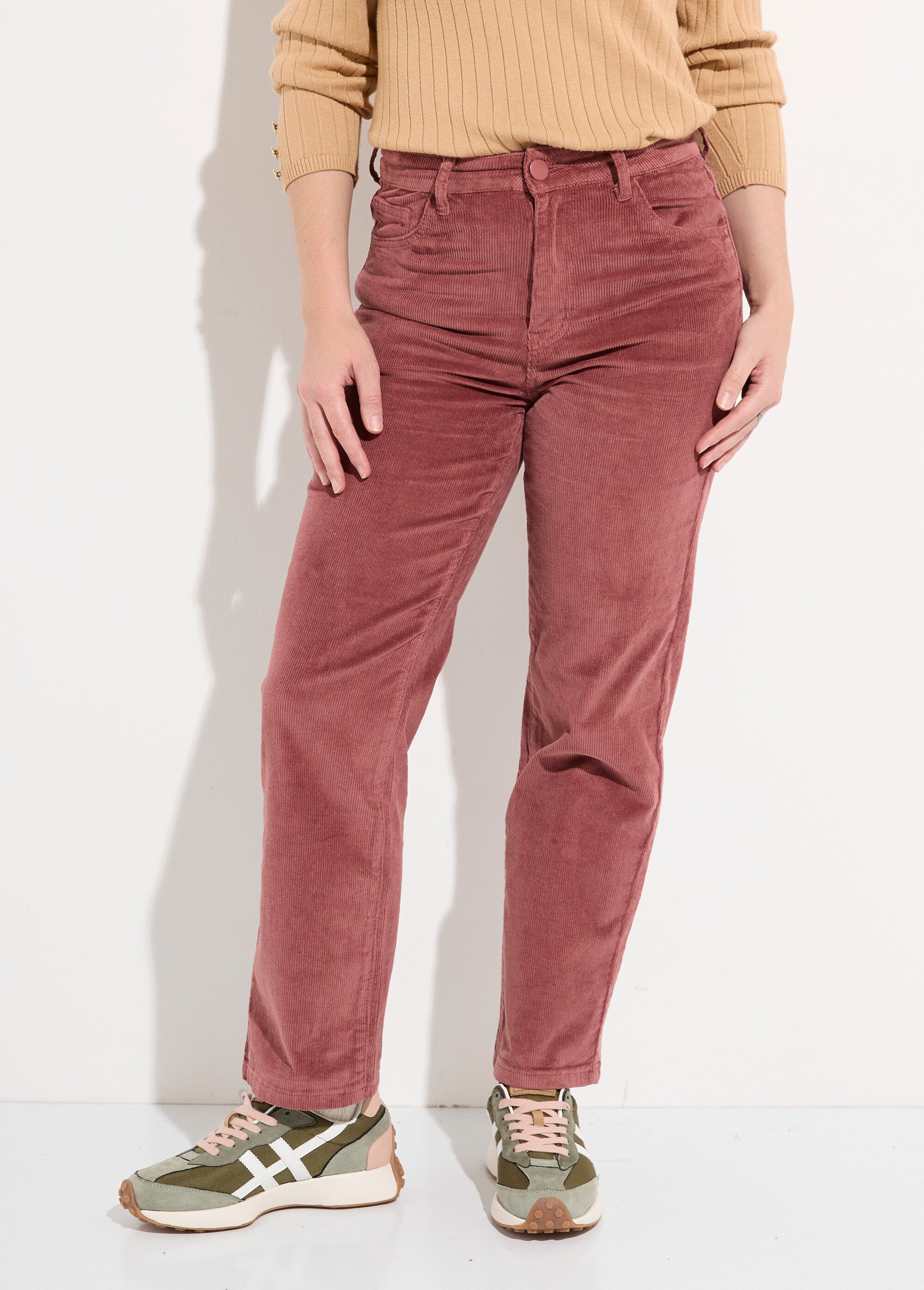 Jean 5 poches en velours, coupe droite Femme Rose OR-H1982 FA1