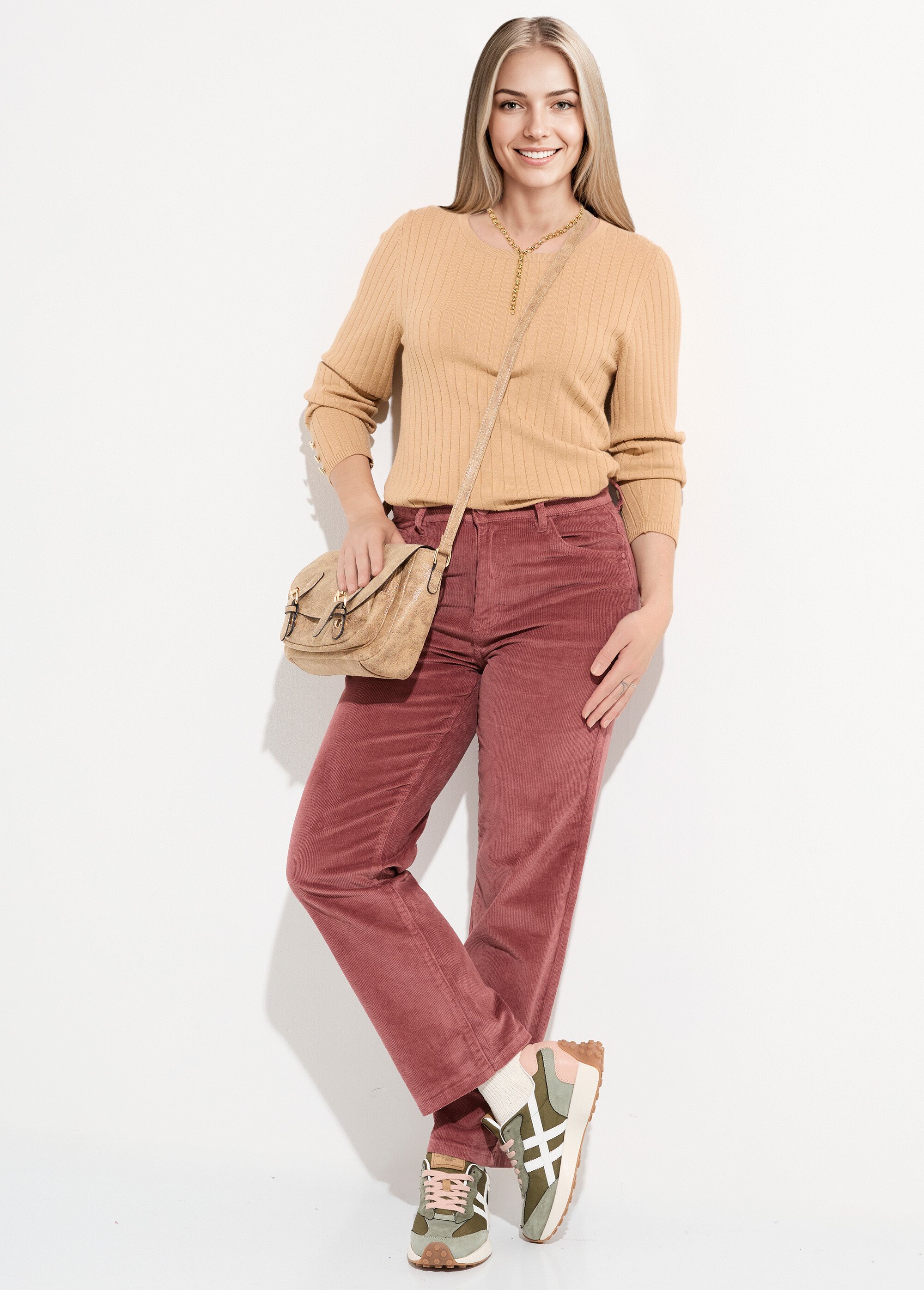 Jean 5 poches en velours, coupe droite Femme Rose OR-H1982 MV1