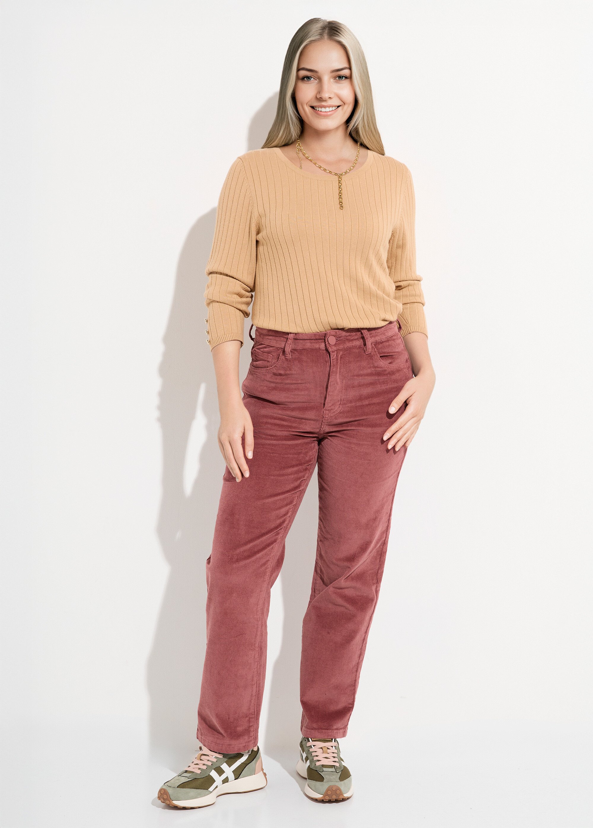 Jean 5 poches en velours, coupe droite Femme Rose OR-H1982 SF1
