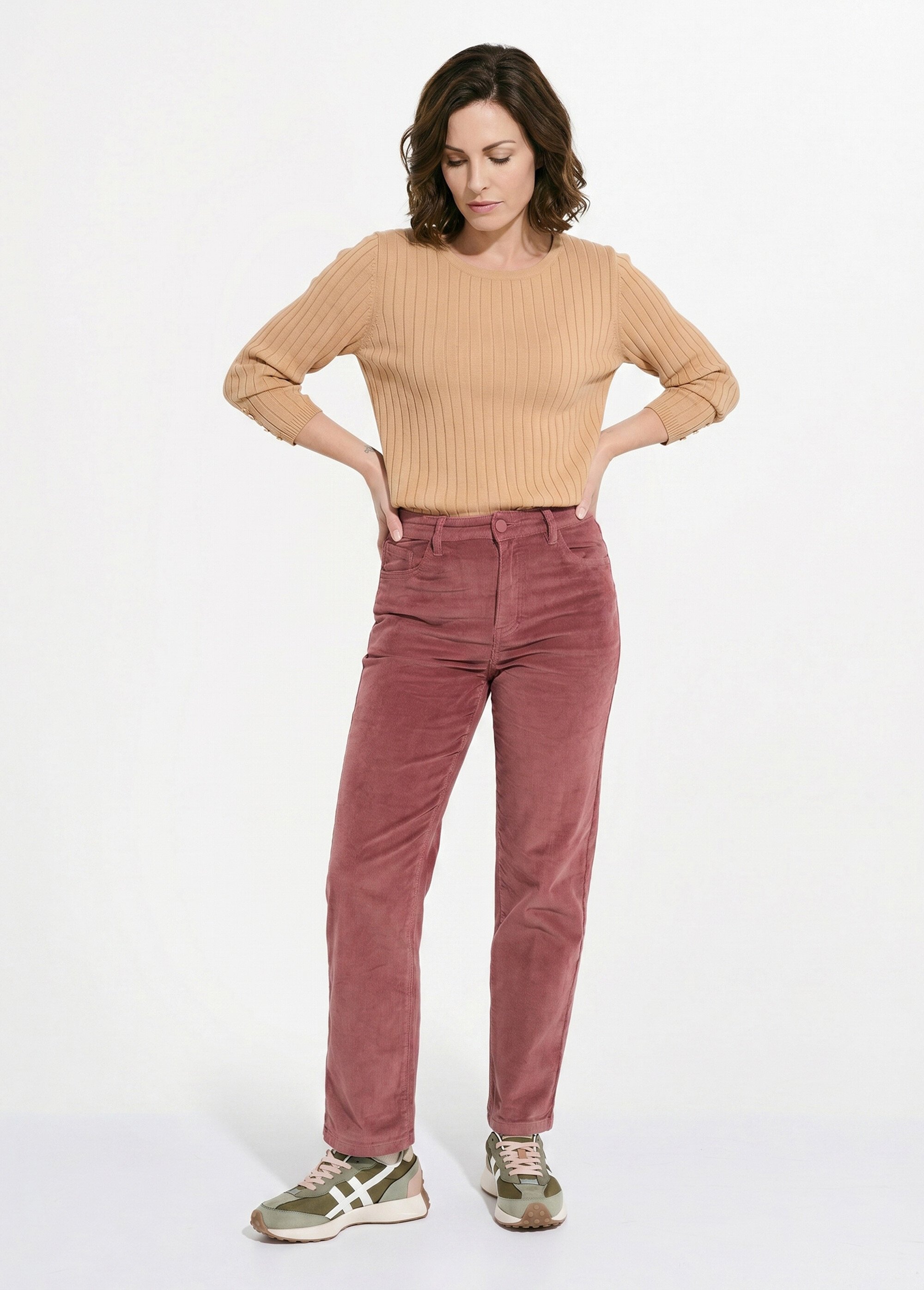 Jean 5 poches en velours, coupe droite Femme Rose OR-H1982 SI1