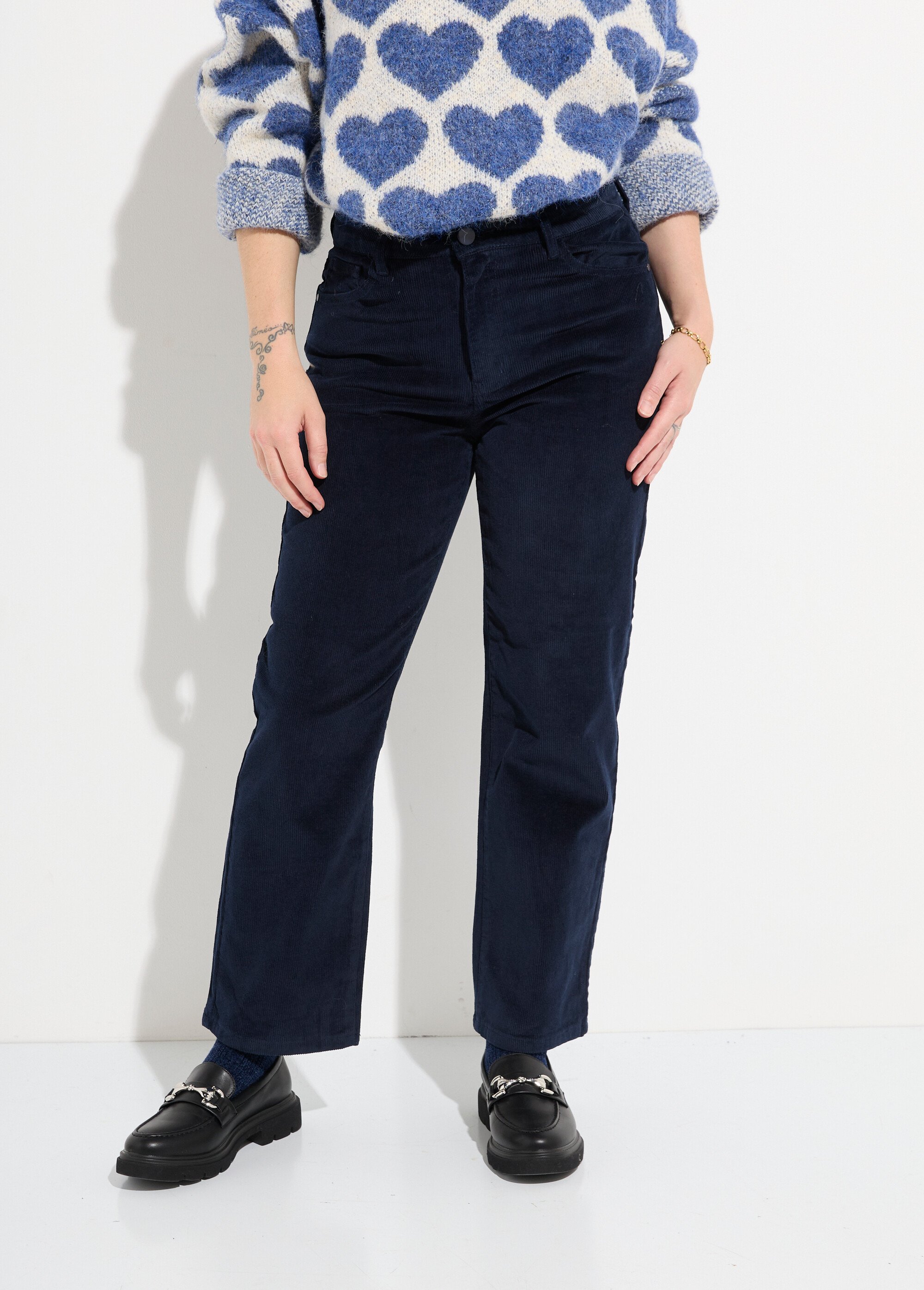 Jean 5 poches en velours, coupe droite Femme Bleu OR-H1982 FA1
