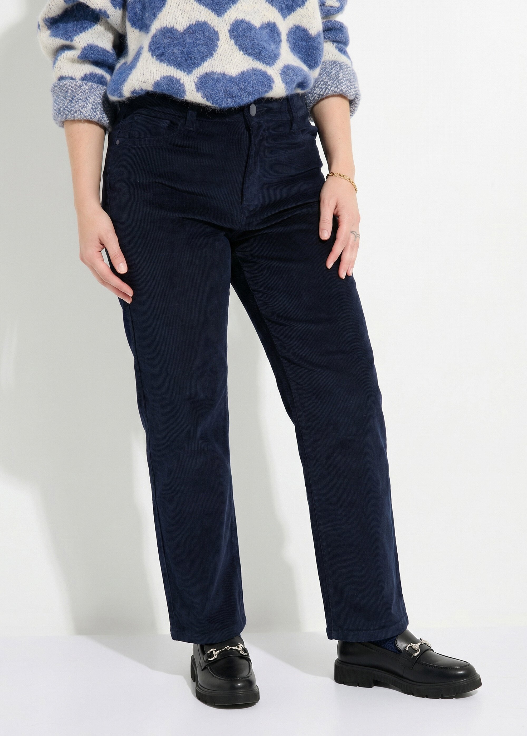 Jean 5 poches en velours, coupe droite Femme Bleu OR-H1982 FA1