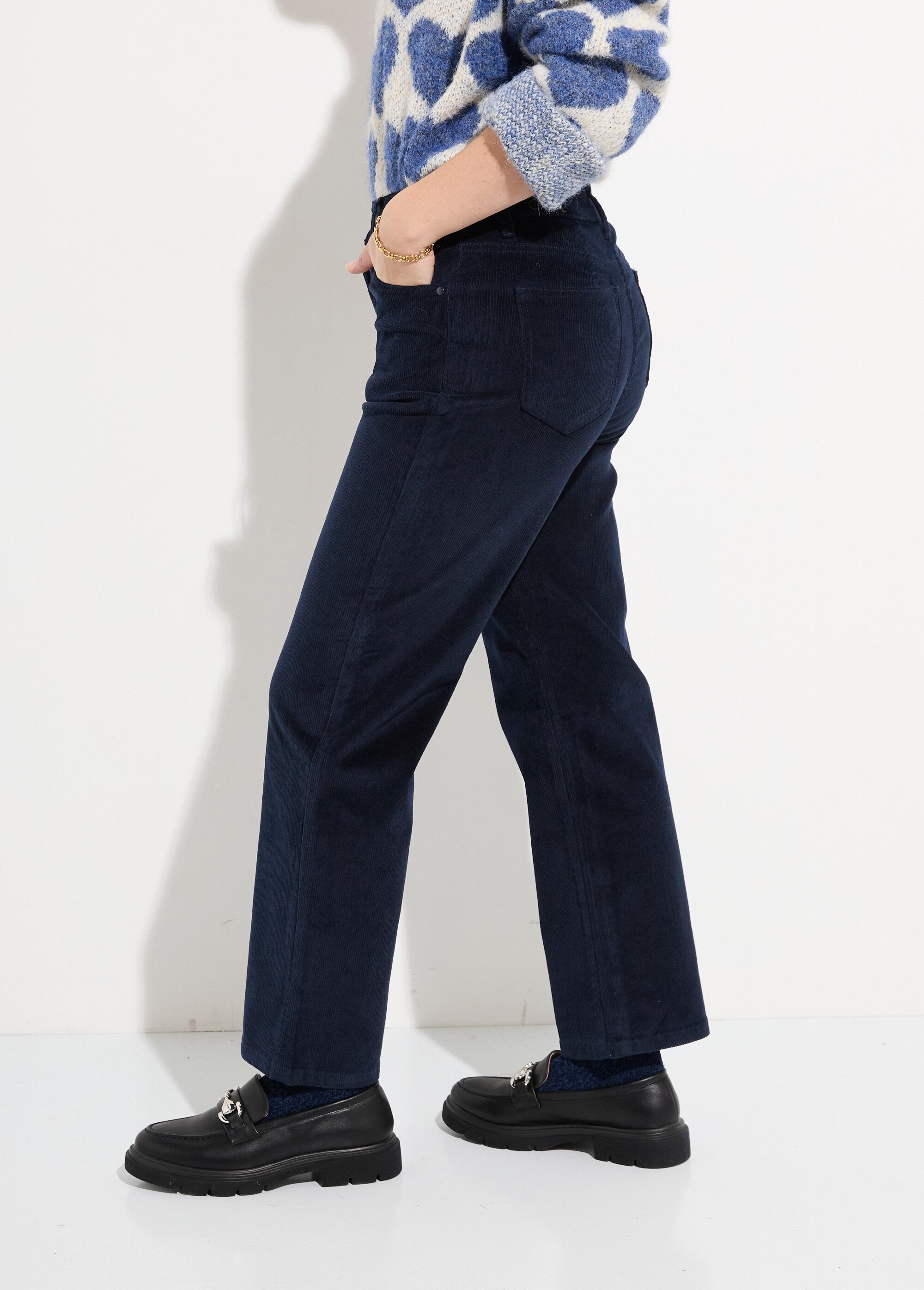 Jean 5 poches en velours, coupe droite Femme Bleu OR-H1982 GA1