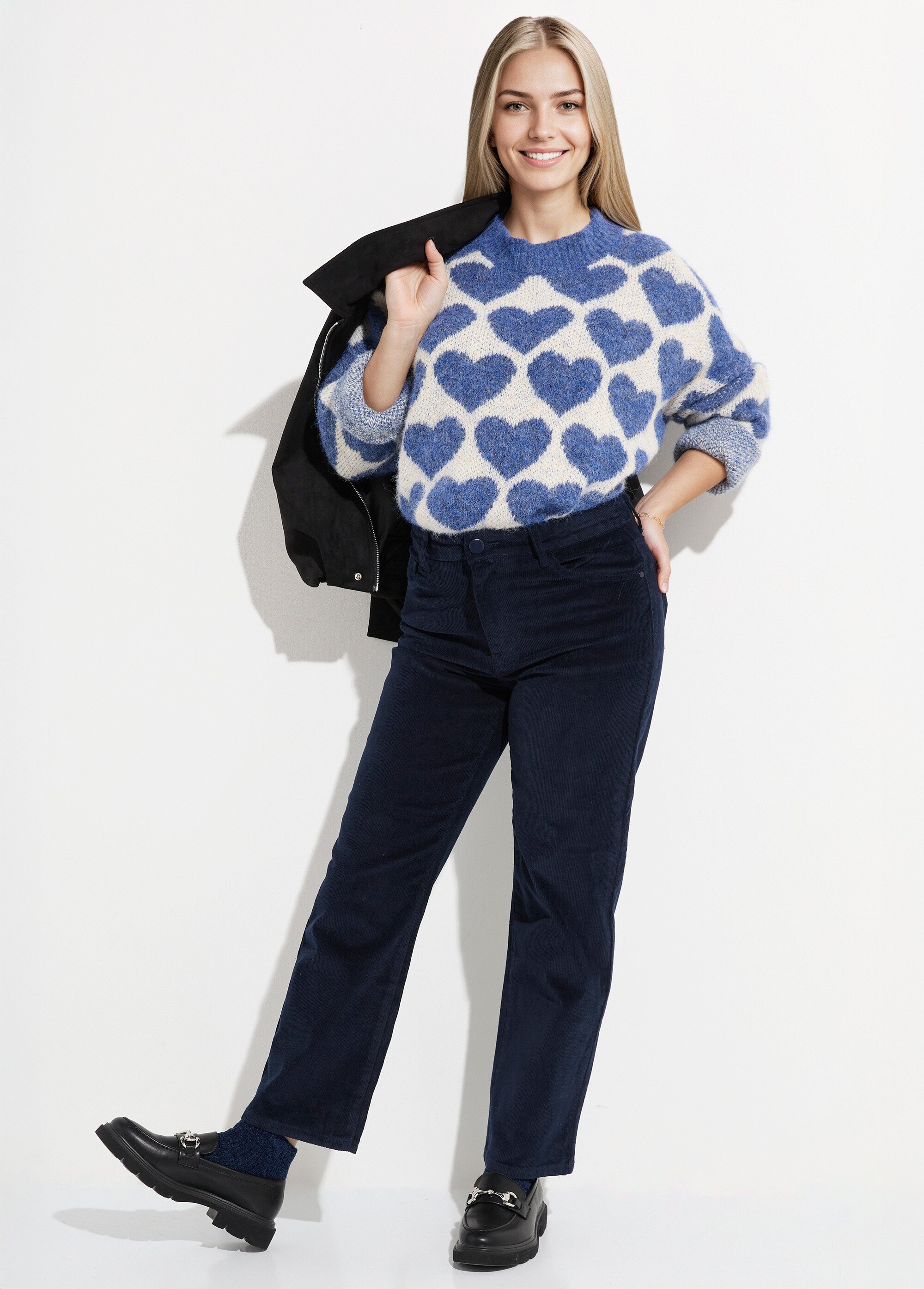 Jean 5 poches en velours, coupe droite Femme Bleu OR-H1982 MV1