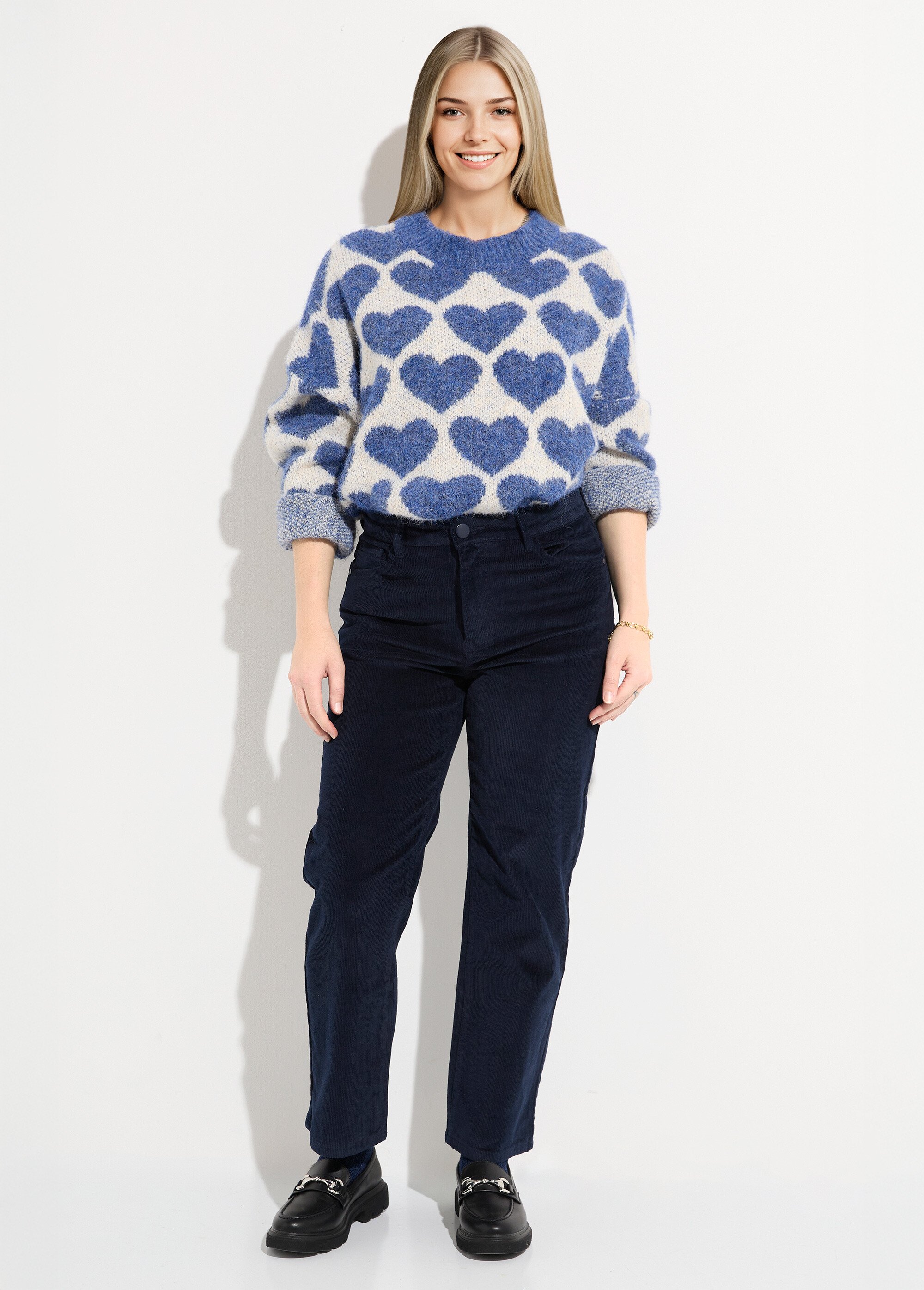 Jean 5 poches en velours, coupe droite Femme Bleu OR-H1982 SF1