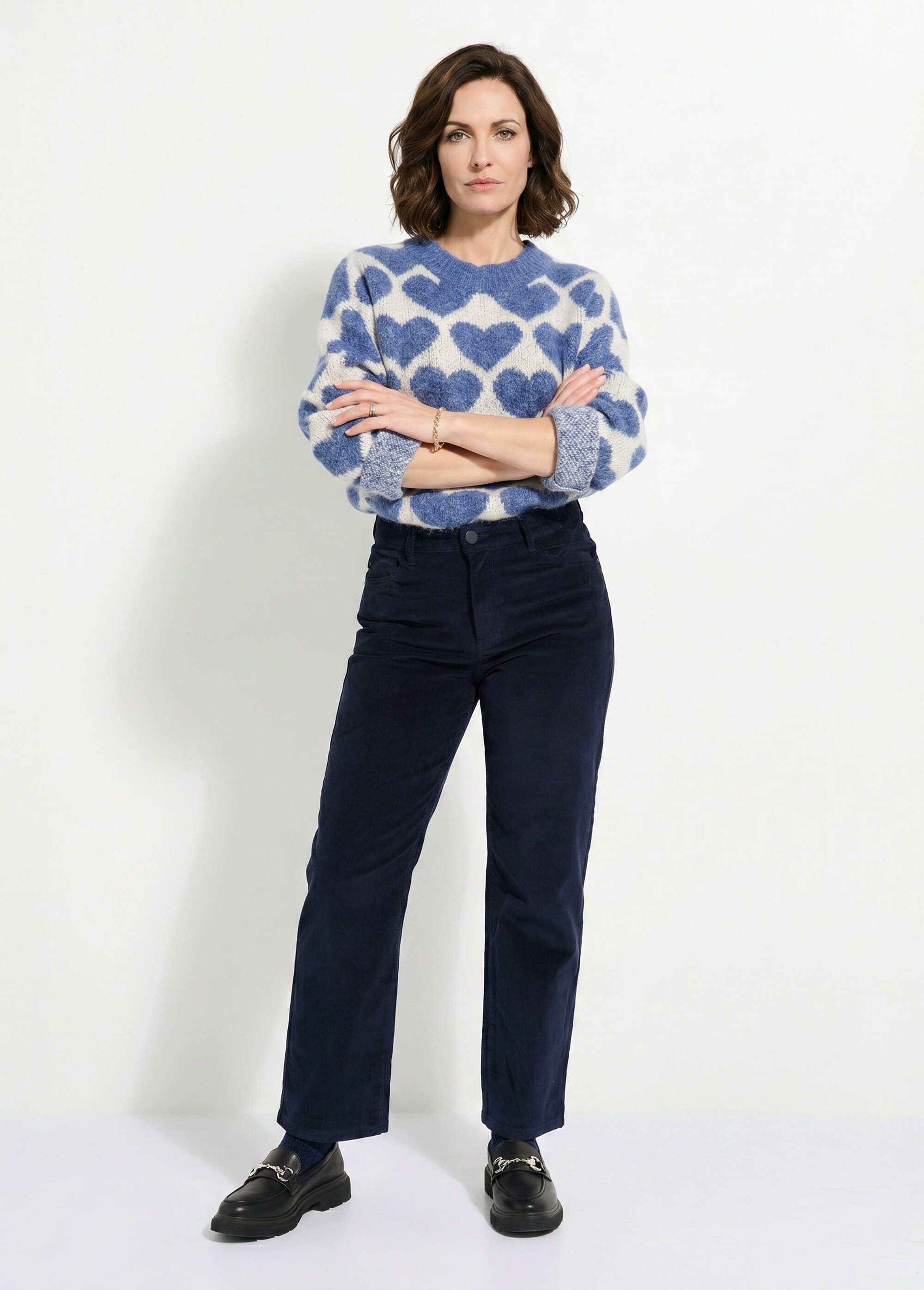 Jean 5 poches en velours, coupe droite Femme Bleu OR-H1982 SI1