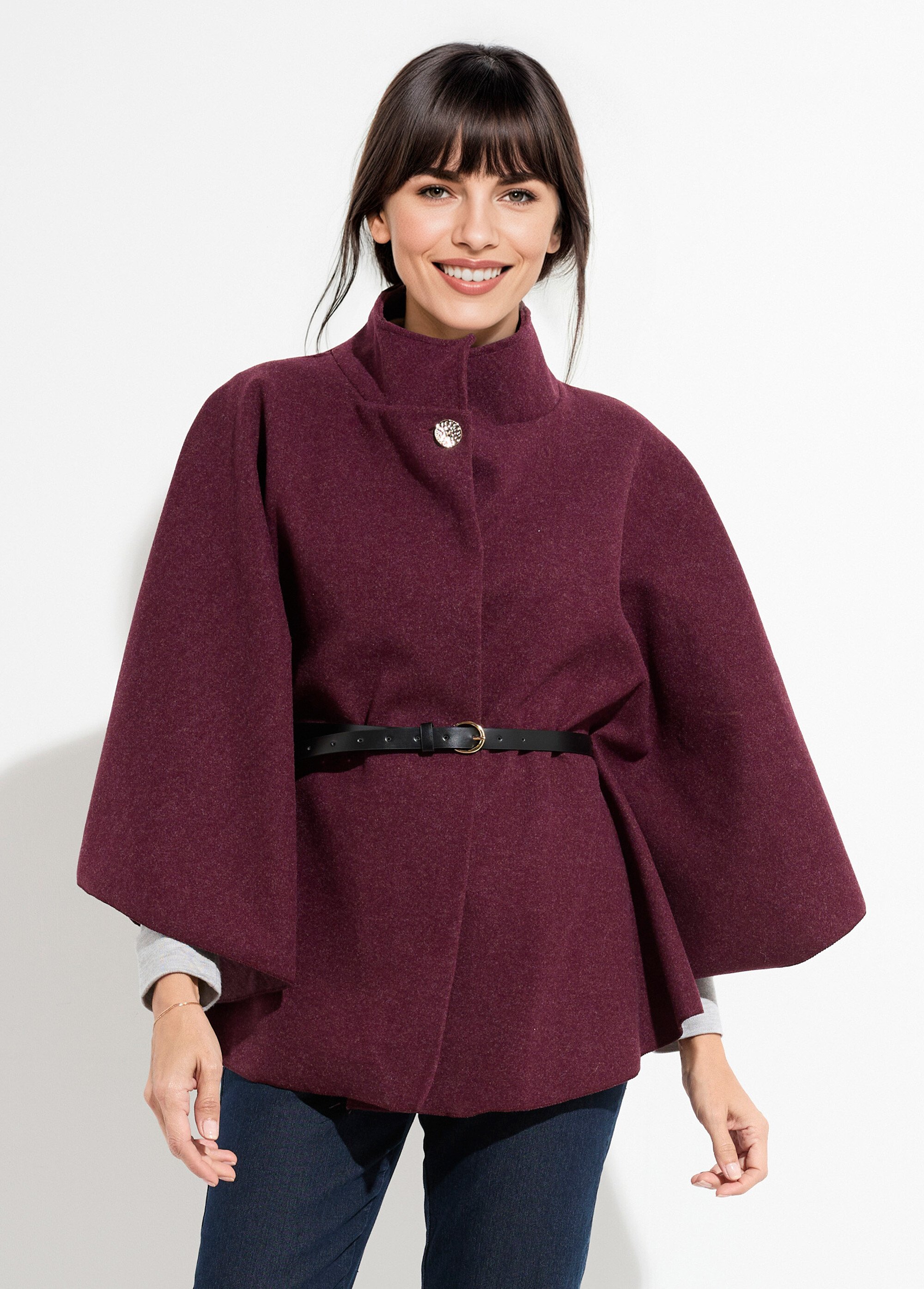 Manteau cape à ceinturer, col montant Femme Rouge MQ-7695 FA1