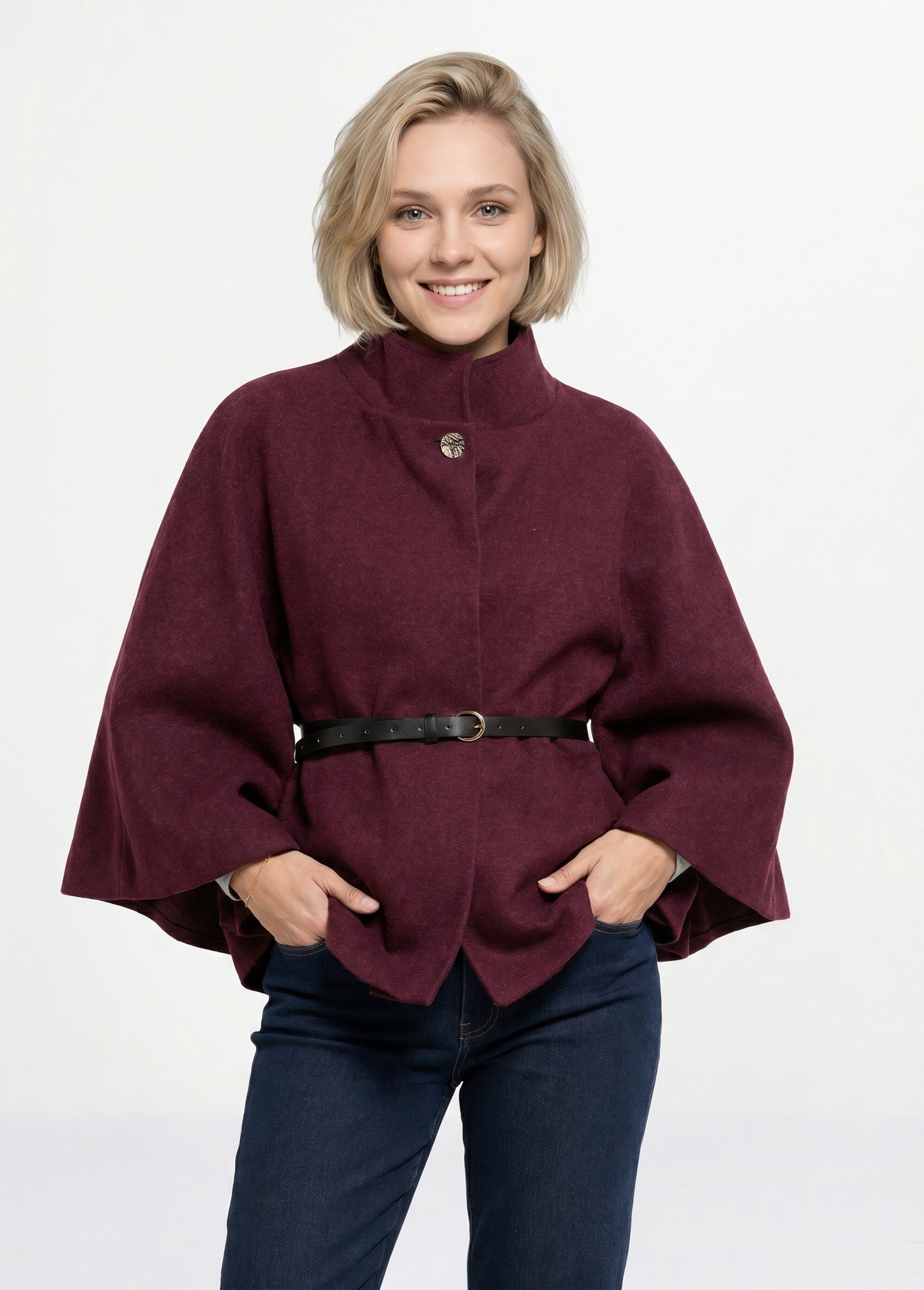 Manteau cape à ceinturer, col montant Femme Rouge MQ-7695 FA1