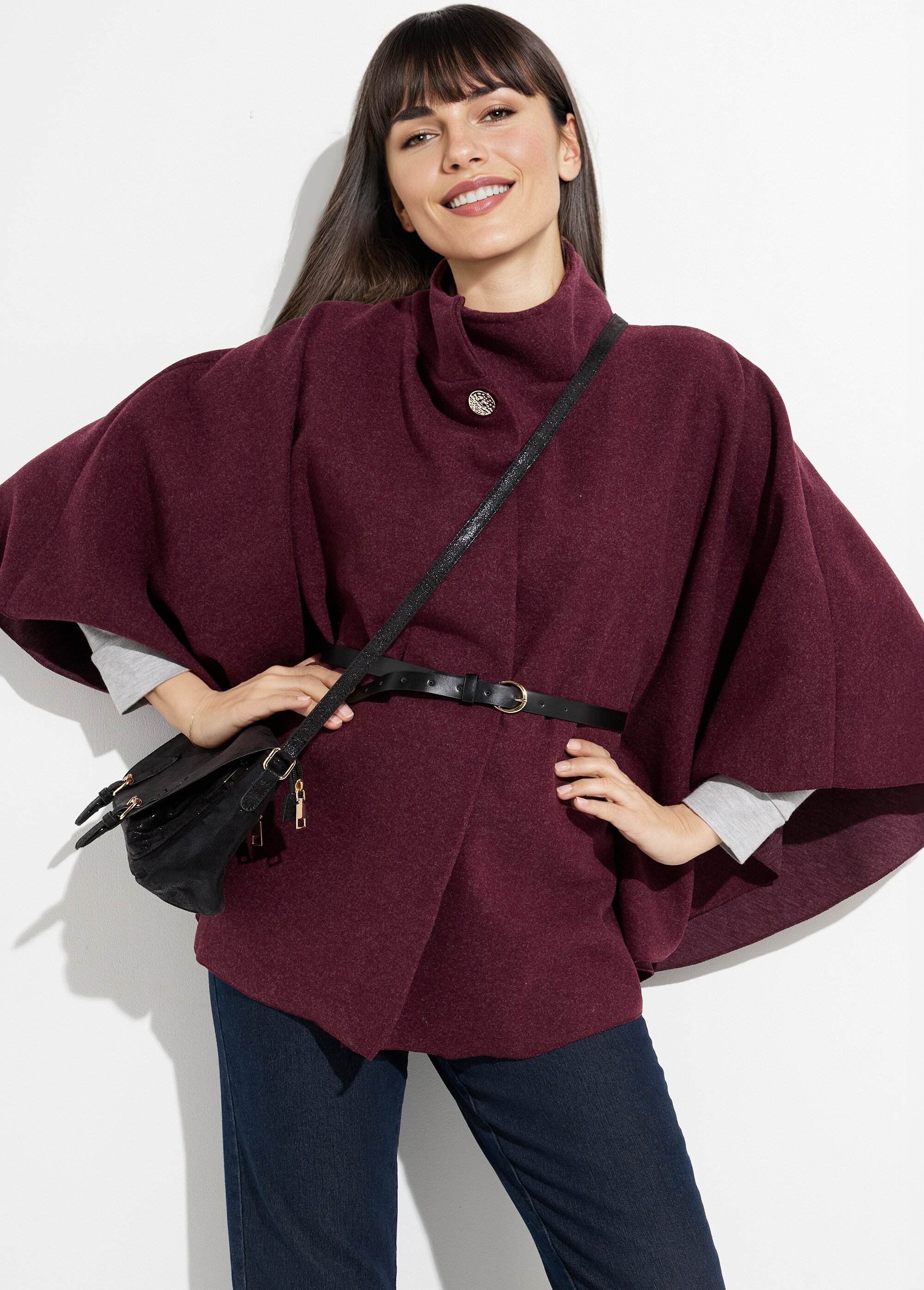 Manteau cape à ceinturer, col montant
