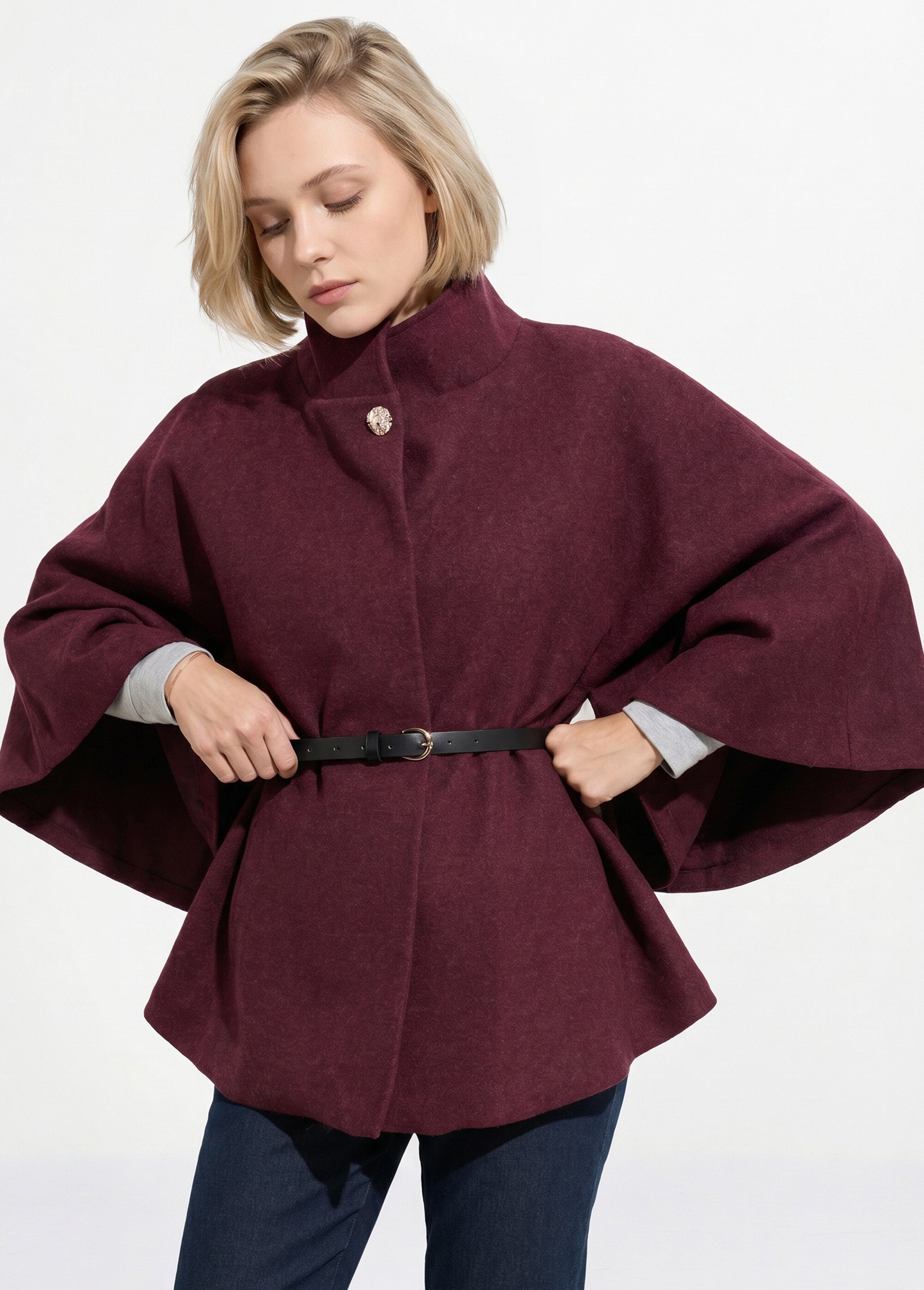 Manteau cape à ceinturer, col montant Femme Rouge MQ-7695 MV1