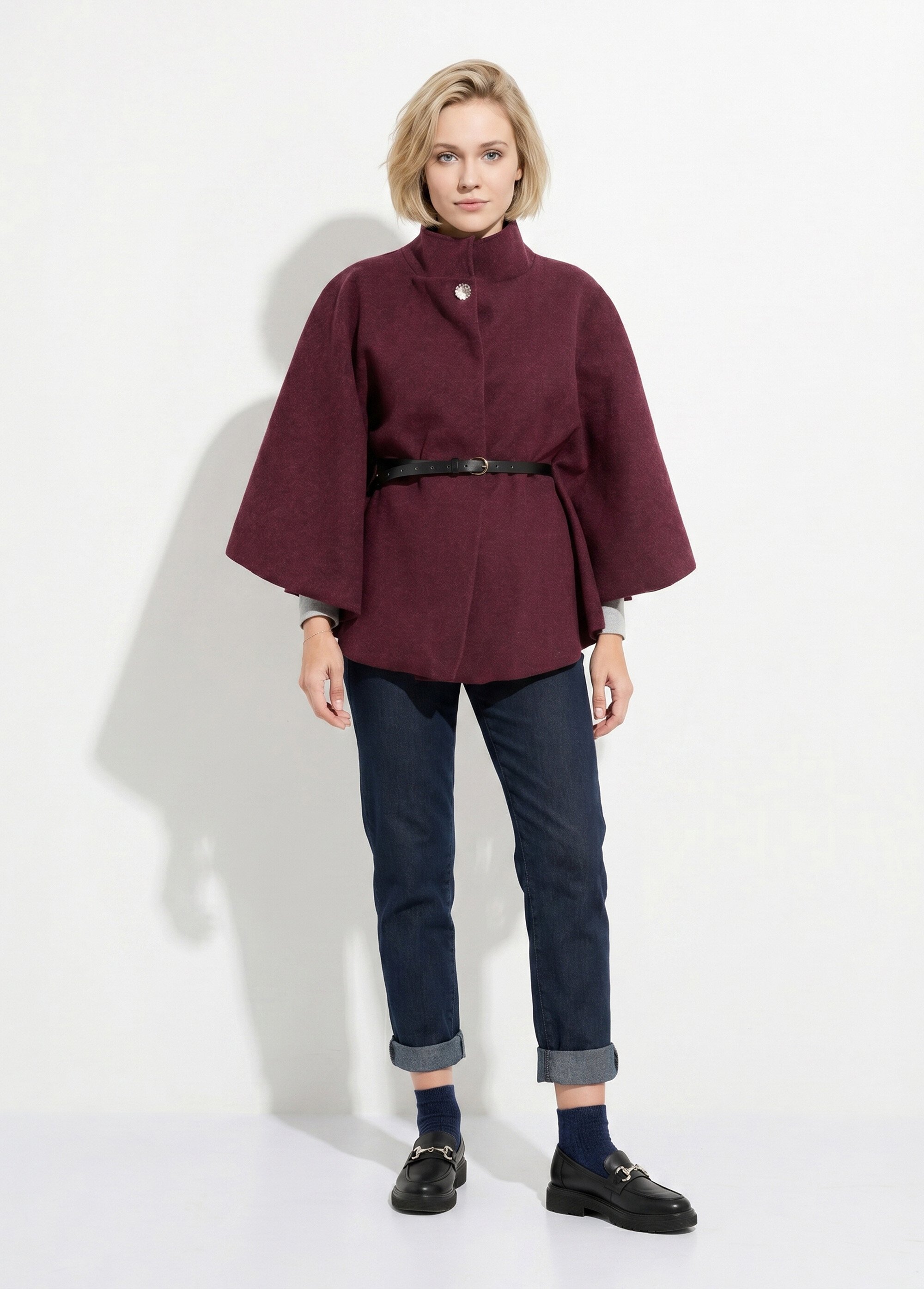 Manteau cape à ceinturer, col montant Femme Rouge MQ-7695 SI1