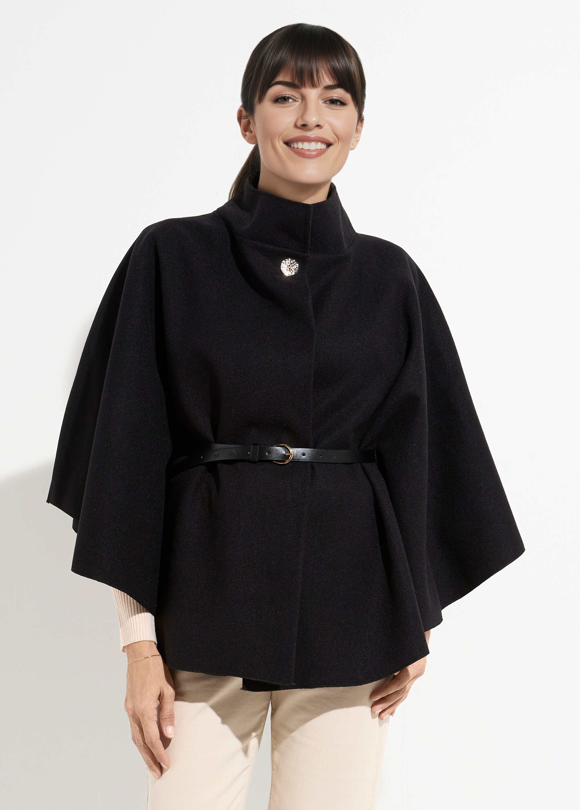 Manteau cape à ceinturer, col montant Femme Noir MQ-7695 FA1
