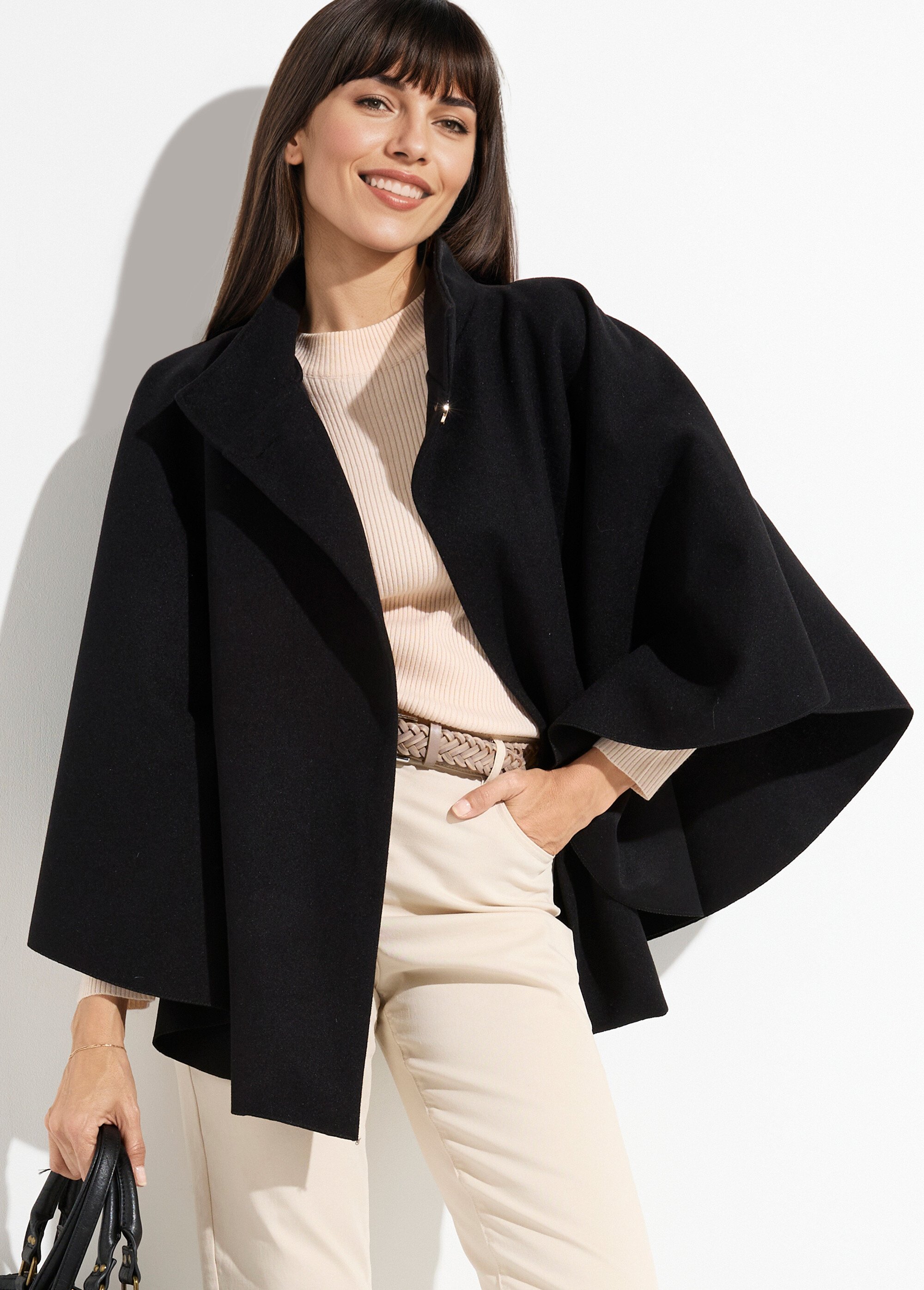 Manteau cape à ceinturer, col montant Femme Noir MQ-7695 MV1