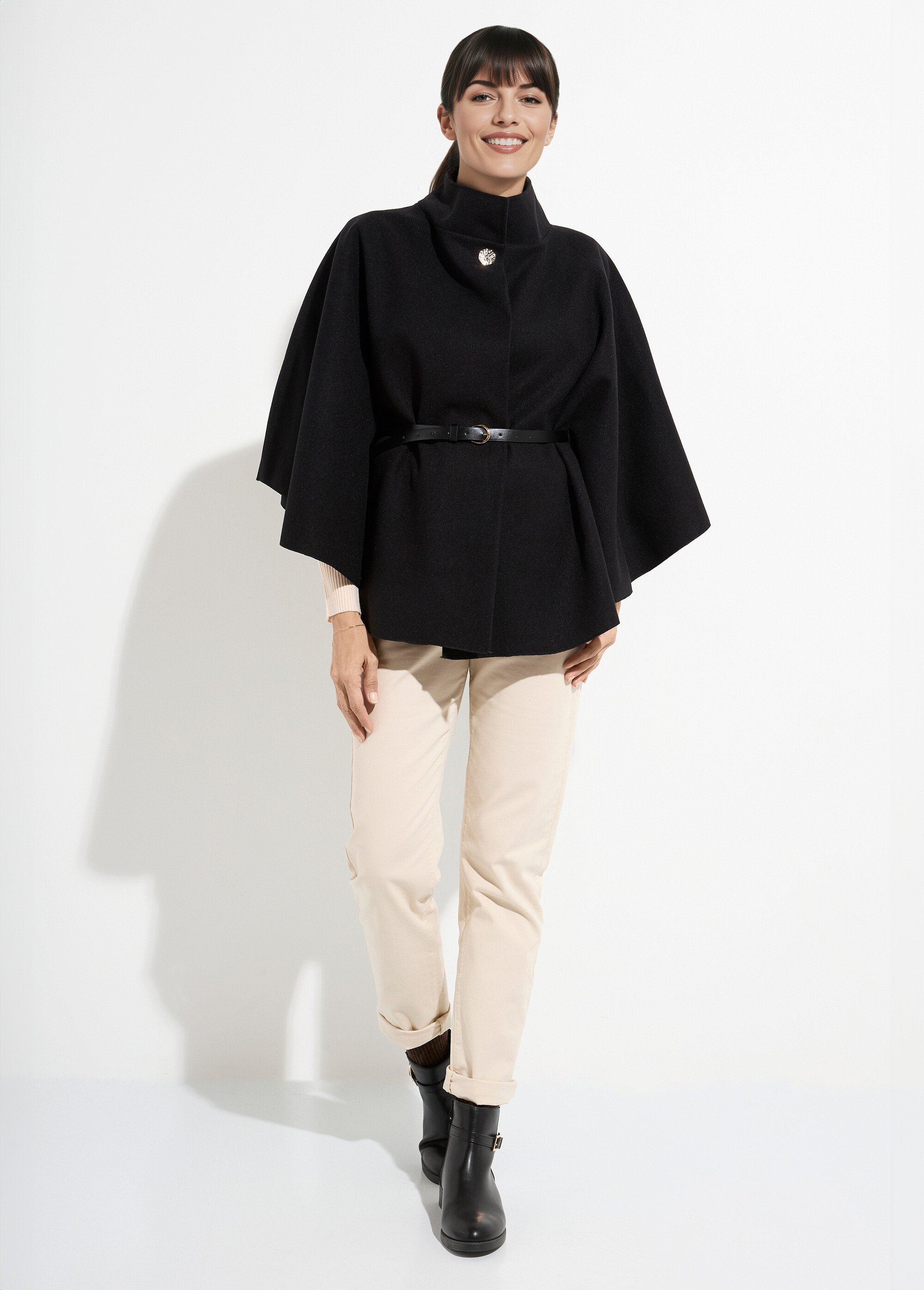 Manteau cape à ceinturer, col montant Femme Noir MQ-7695 SF1