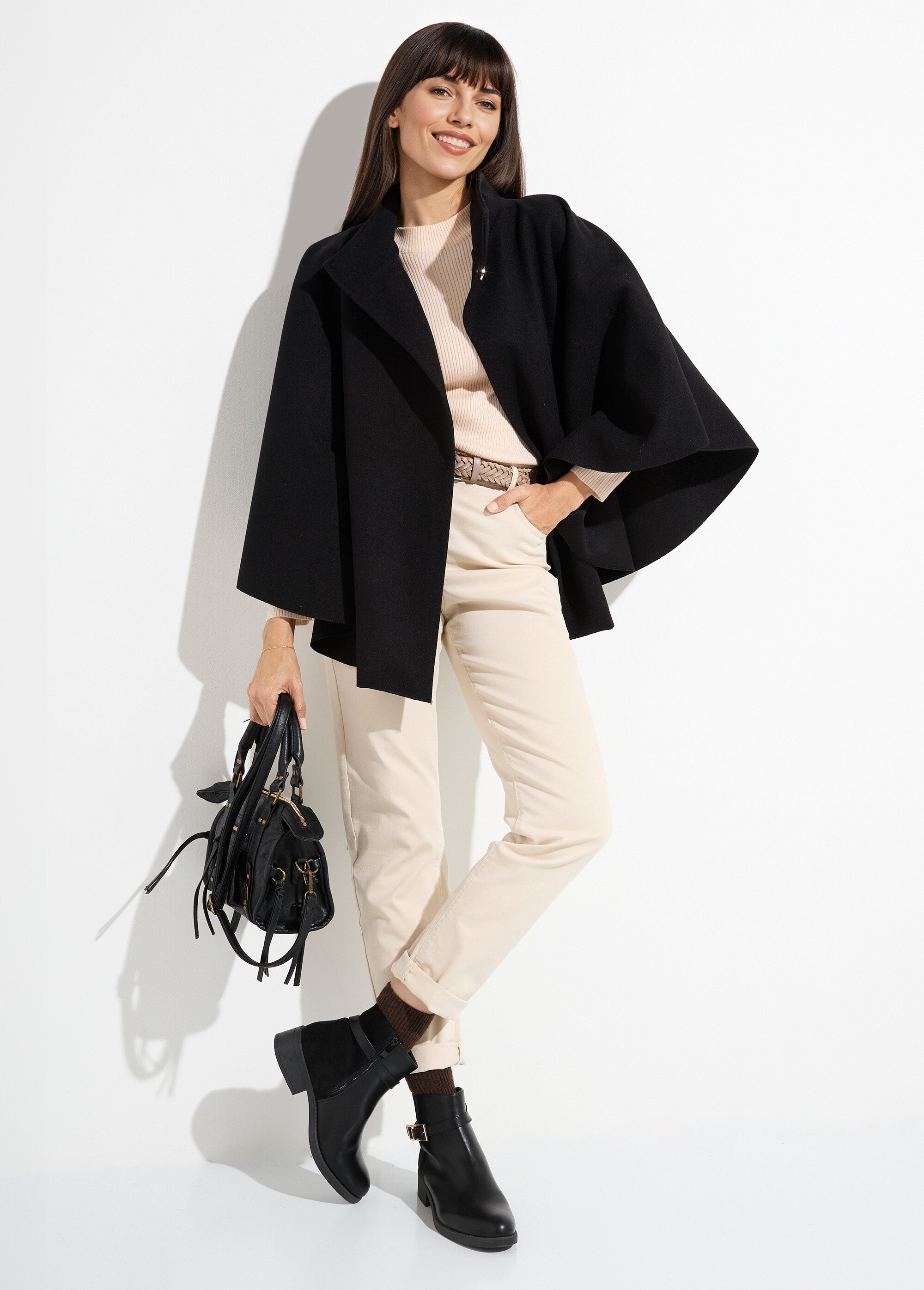 Manteau cape à ceinturer, col montant Femme Noir MQ-7695 SI1