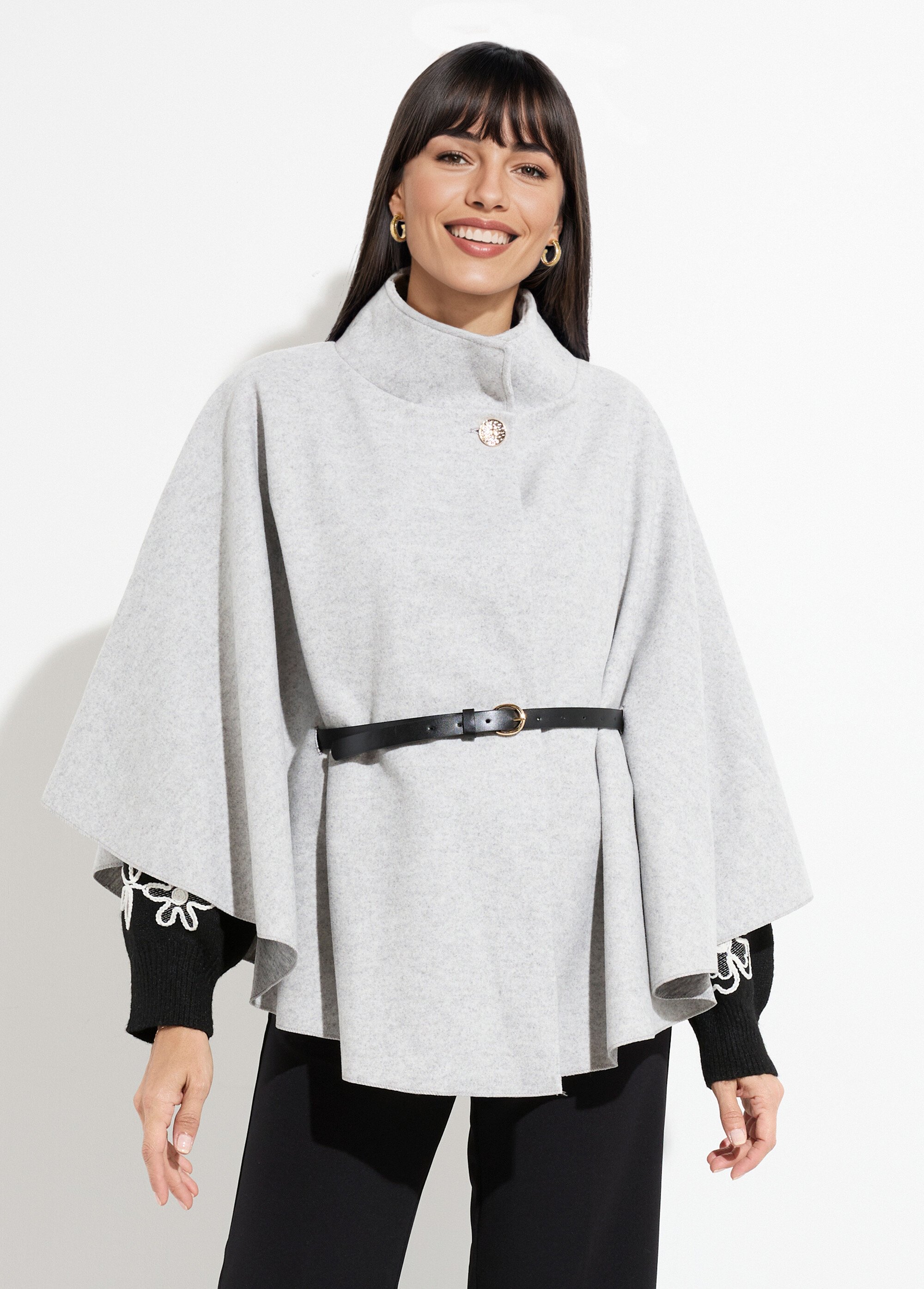 Manteau cape à ceinturer, col montant Femme Gris MQ-7695 FA1