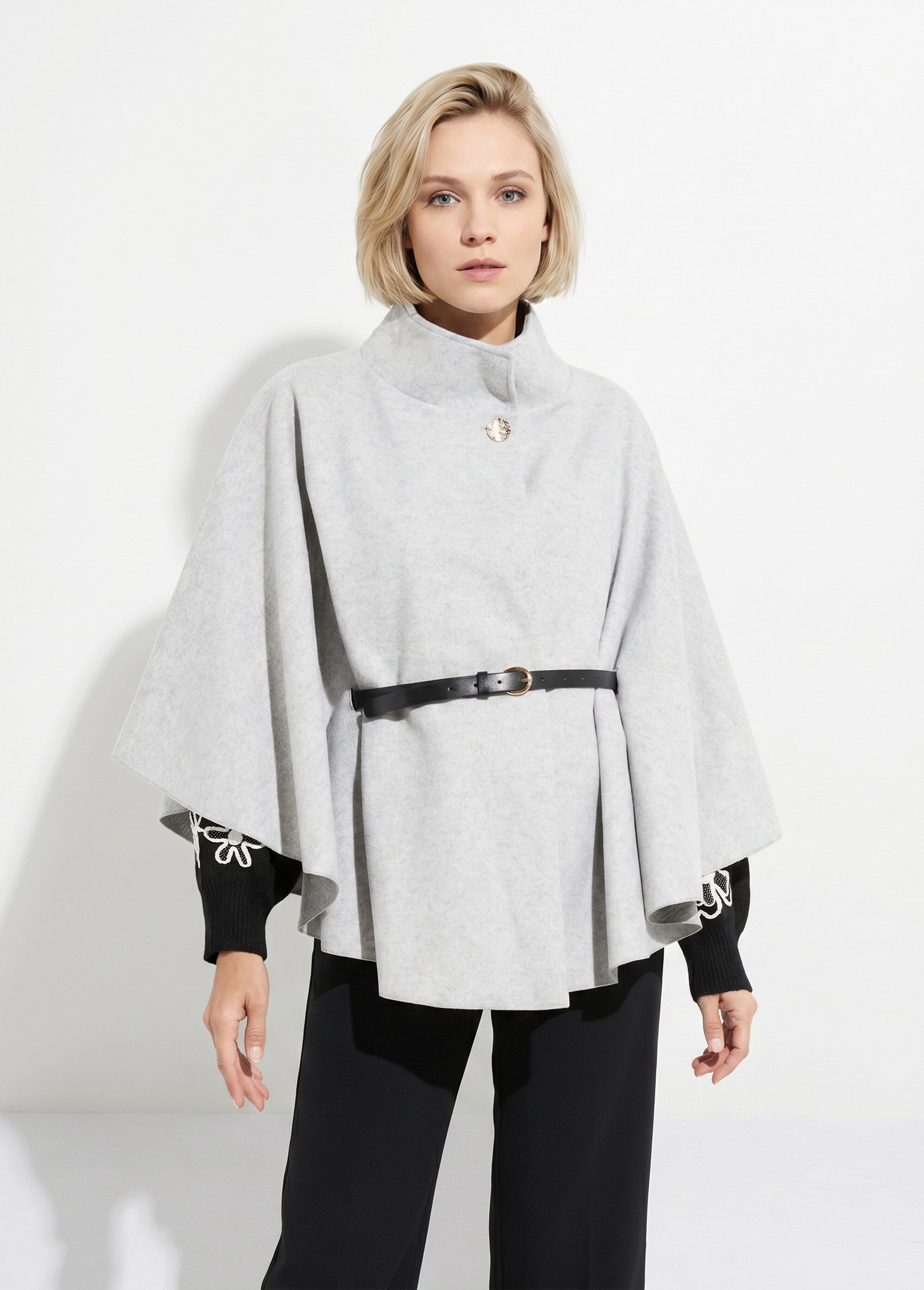 Manteau cape à ceinturer, col montant Femme Gris MQ-7695 FA1