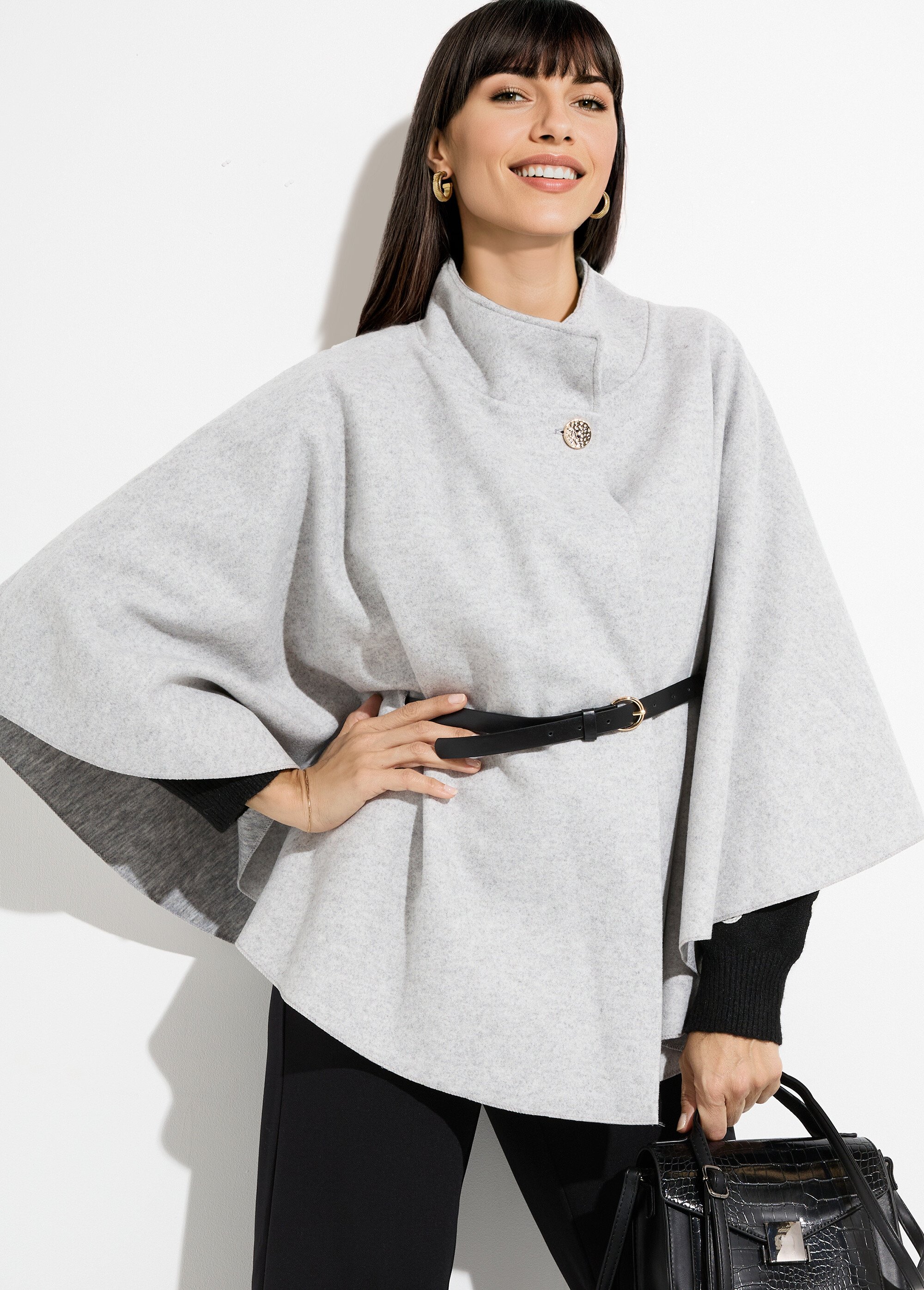 Manteau cape à ceinturer, col montant Femme Gris MQ-7695 MV1