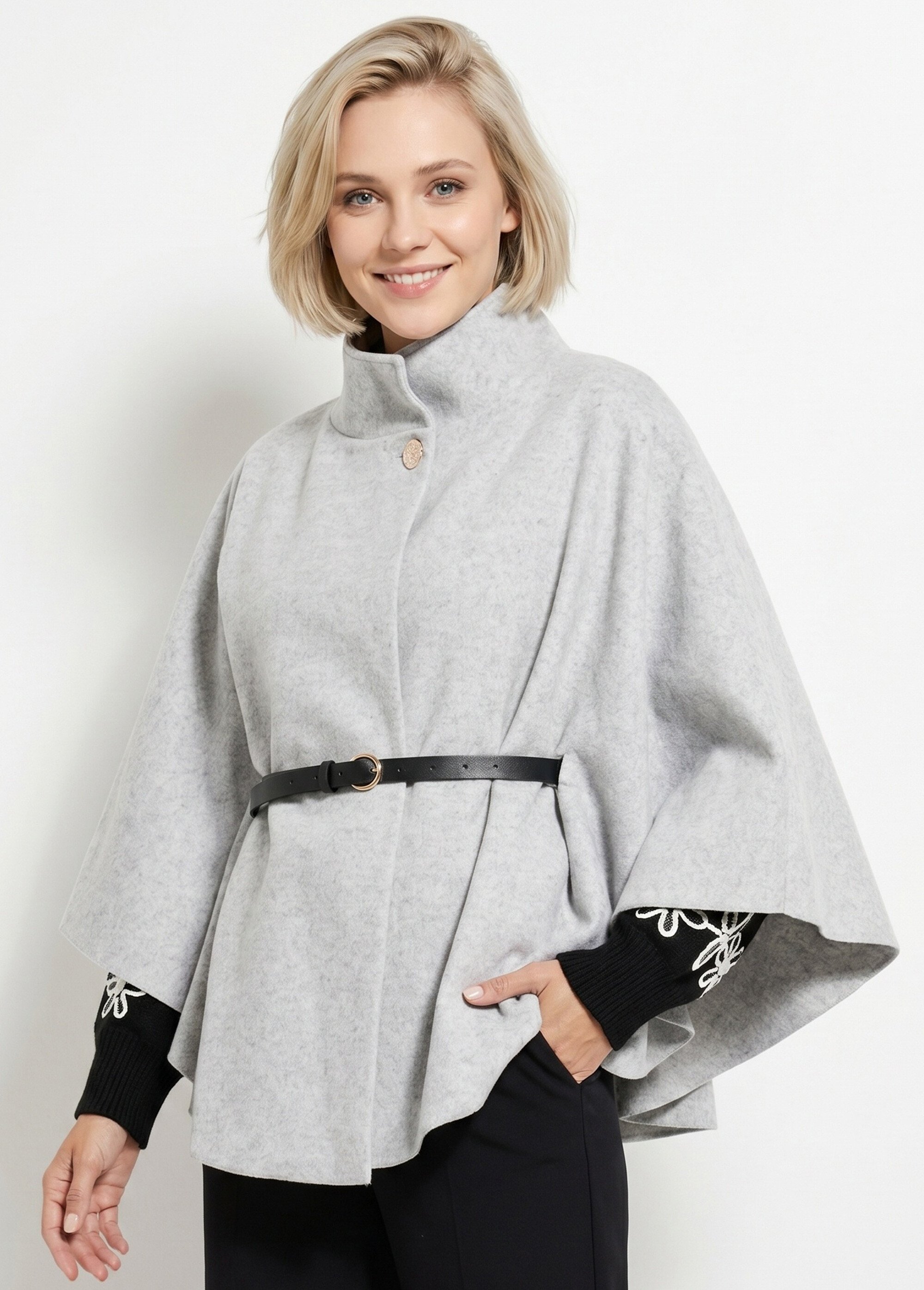 Manteau cape à ceinturer, col montant Femme Gris MQ-7695 MV1