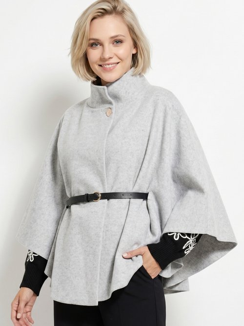 Manteau cape à ceinturer, col montant Femme Gris MQ-7695 MV1