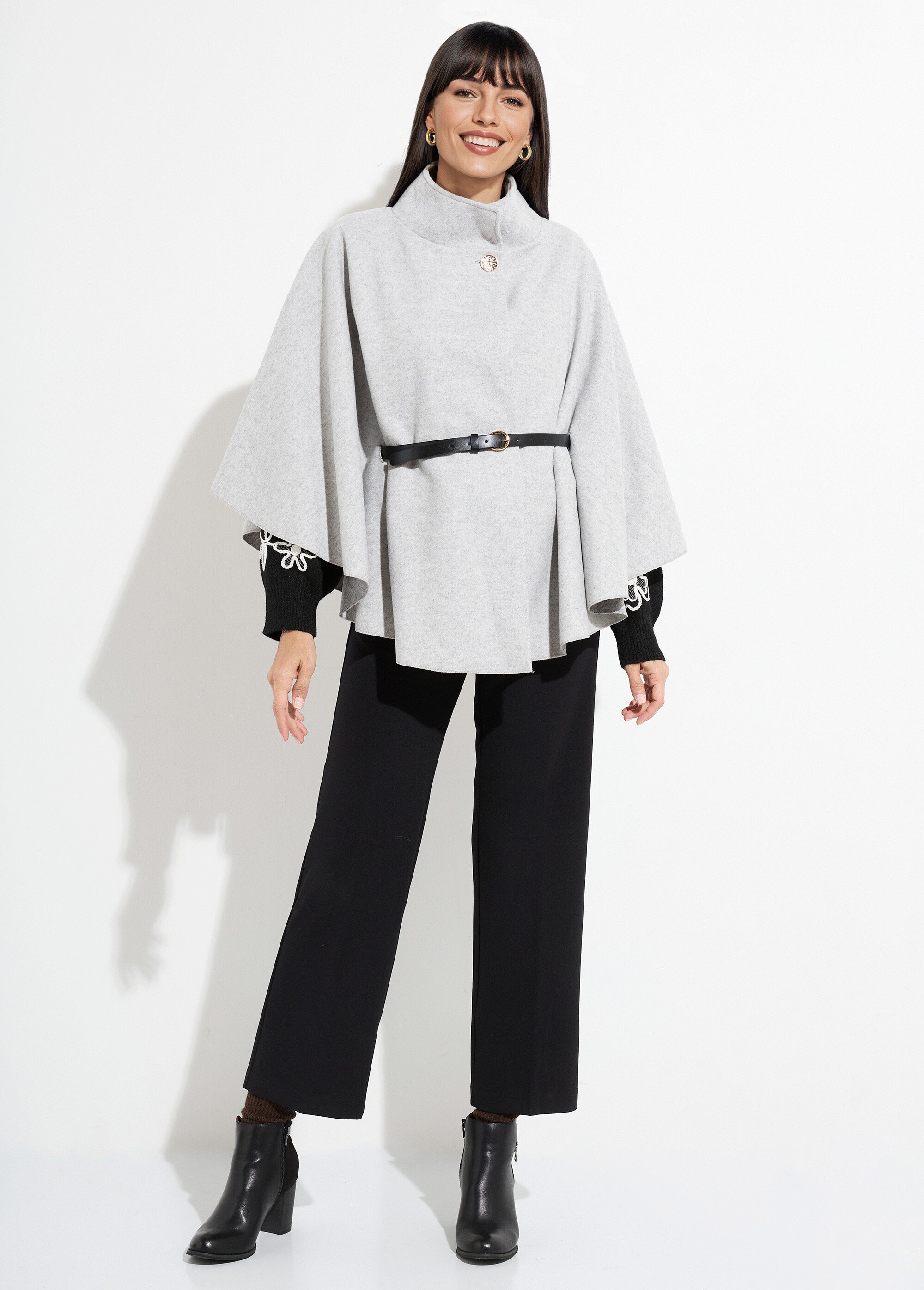 Manteau cape à ceinturer, col montant Femme Gris MQ-7695 SF1