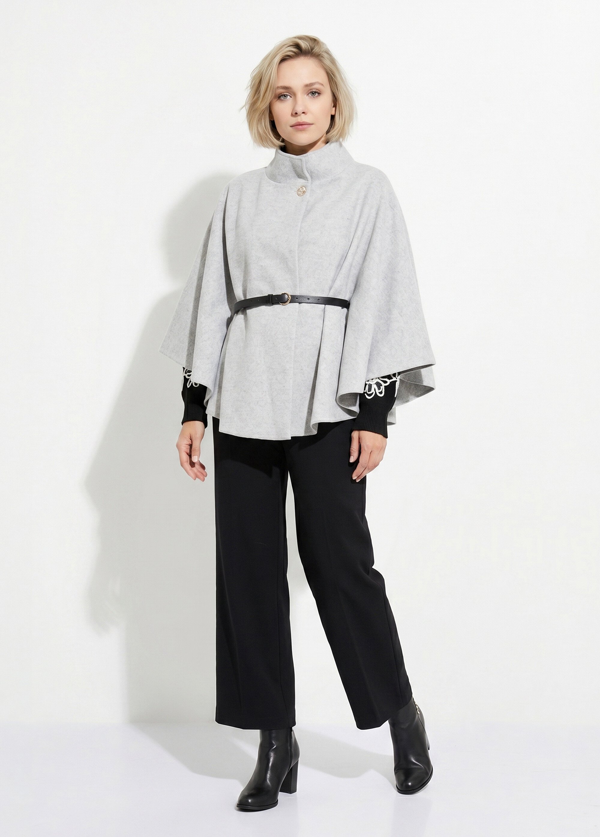Manteau cape à ceinturer, col montant Femme Gris MQ-7695 SI1