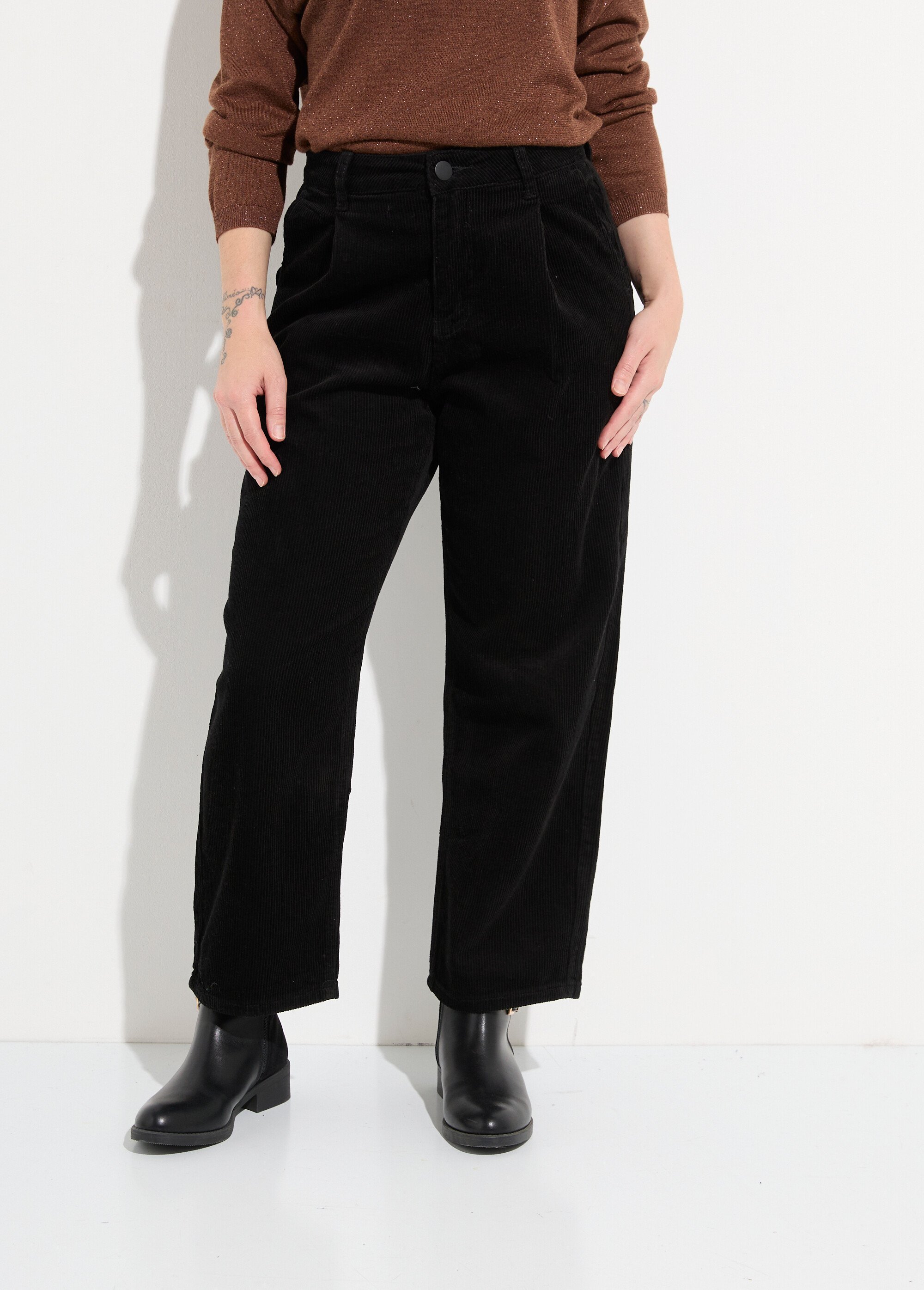 Pantalon large velours, spécial PETITE Femme Noir OR-H2221 FA1