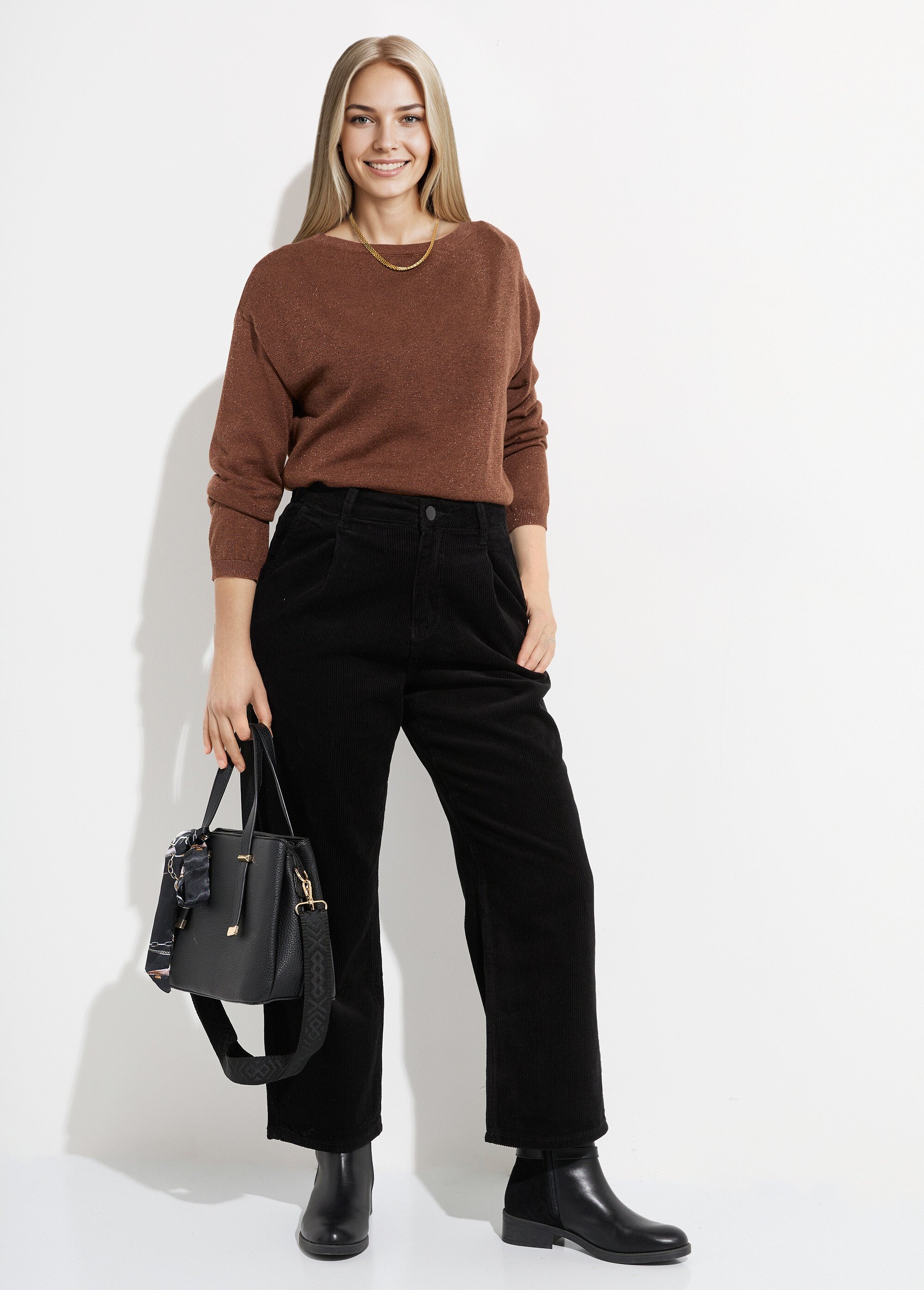 Pantalon large velours, spécial PETITE Femme Noir OR-H2221 SF1