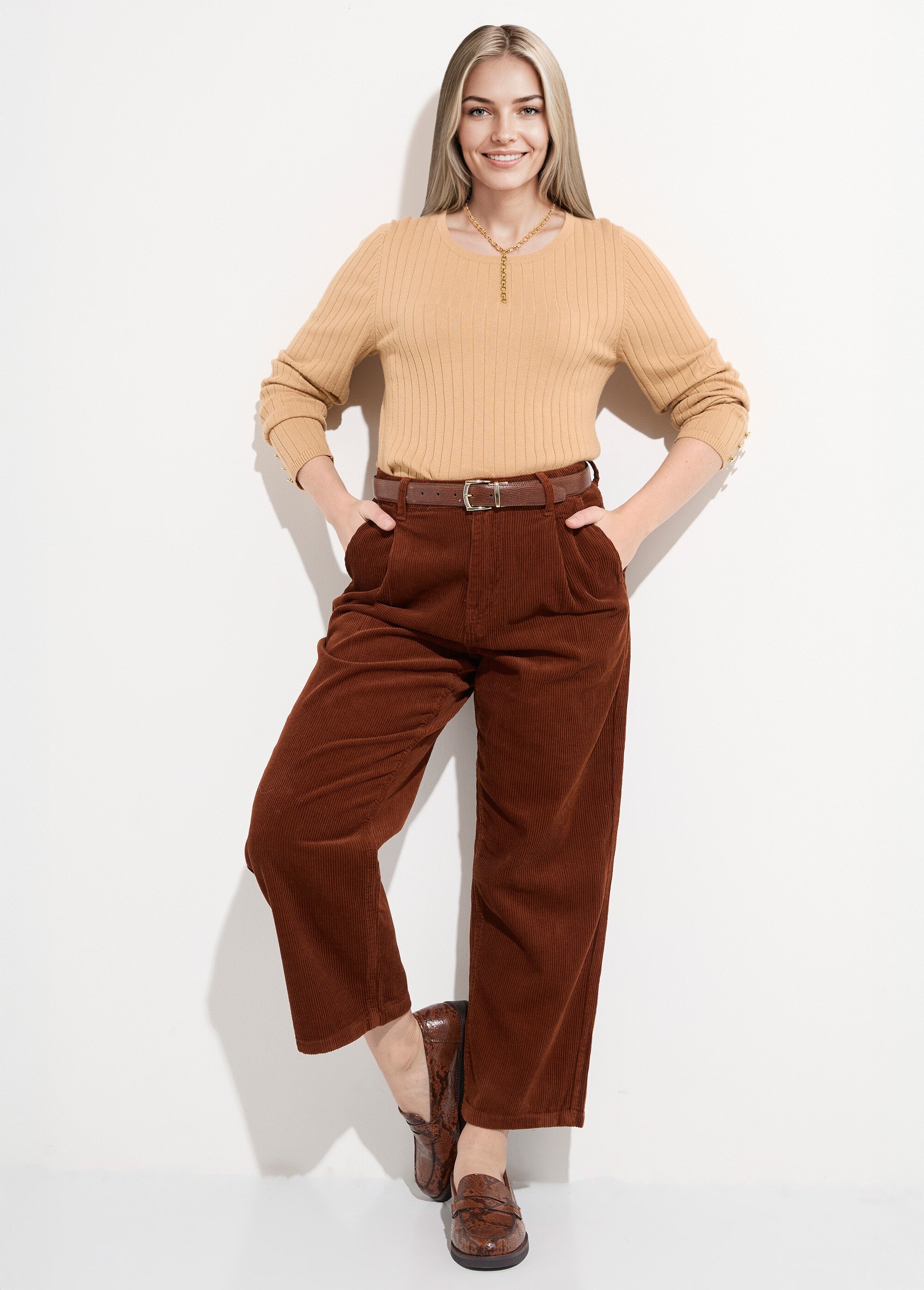 Pantalon large velours, spécial PETITE Femme Marron OR-H2221 MV1