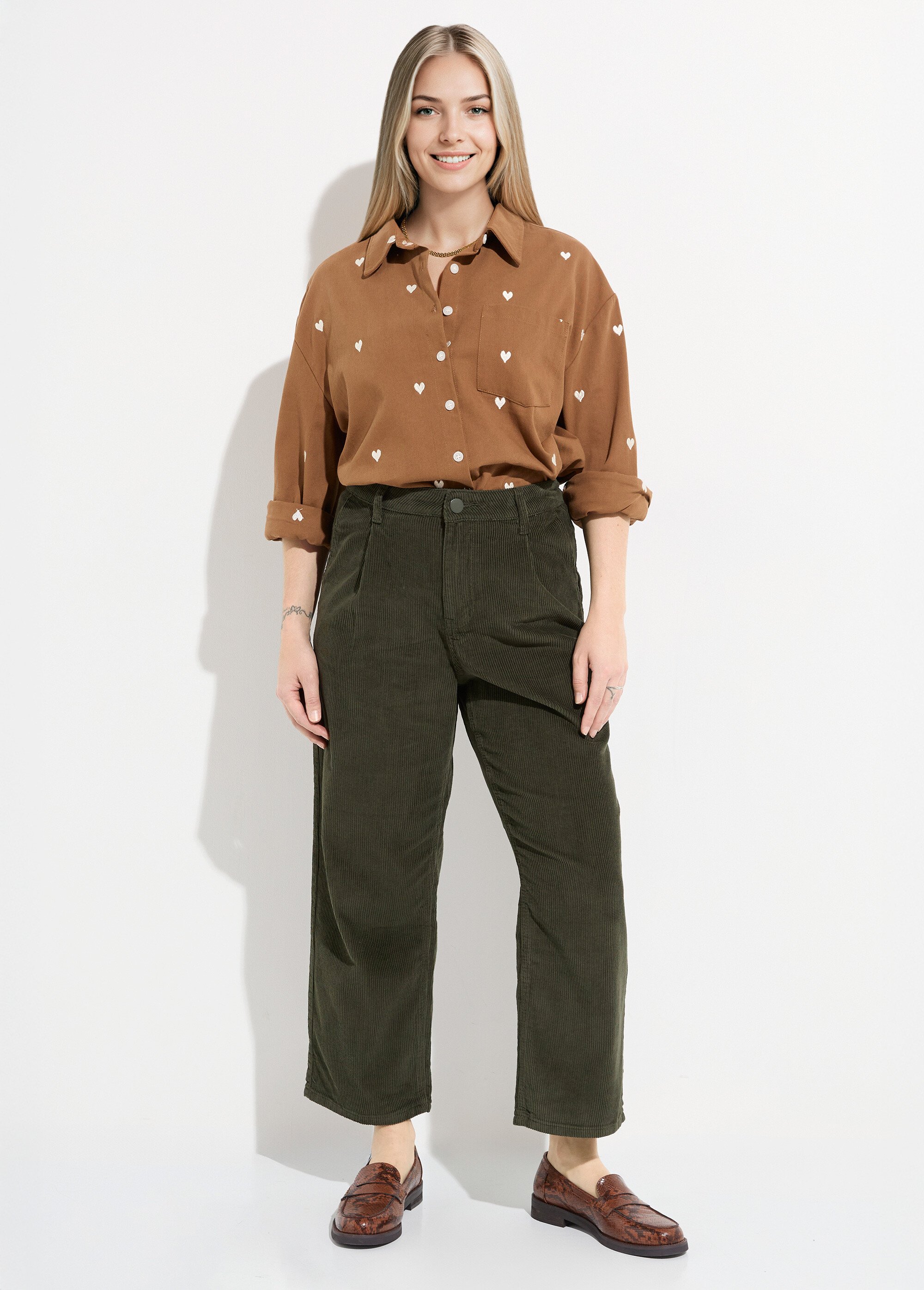 Pantalon large velours, spécial PETITE Femme Vert OR-H2221 SF1