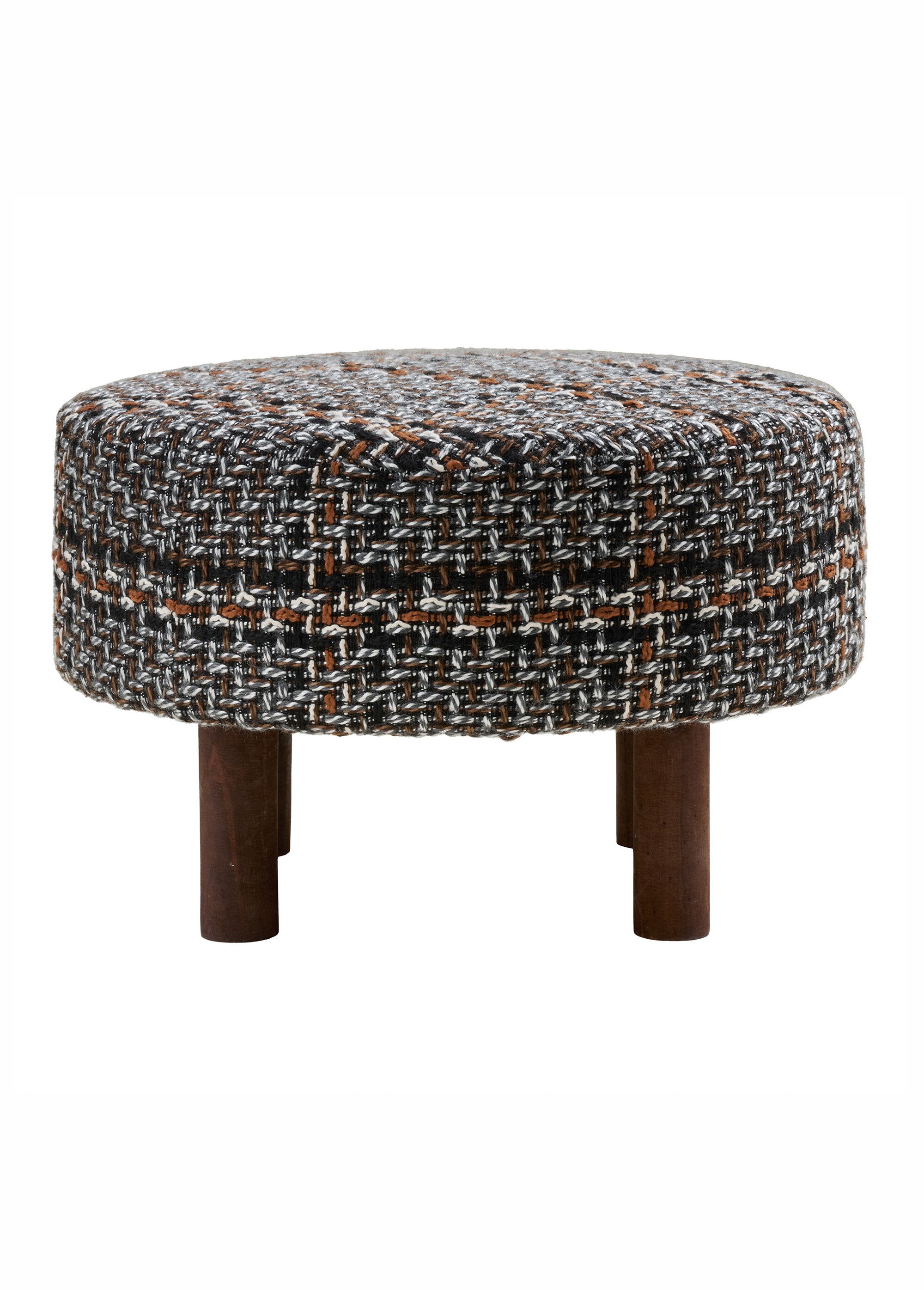 Pouf rond dessus façon tweed FALKIRK NOIR ET BLANC ET BRUN HN-1501128 DE1