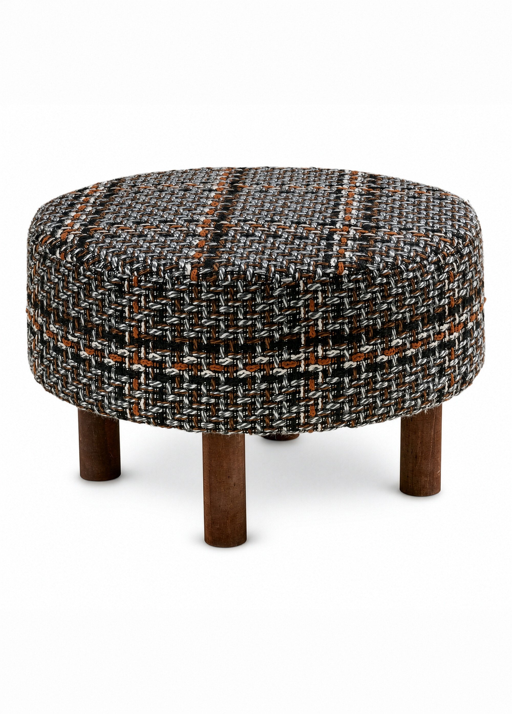 Pouf rond dessus façon tweed FALKIRK NOIR ET BLANC ET BRUN HN-1501128 FA1