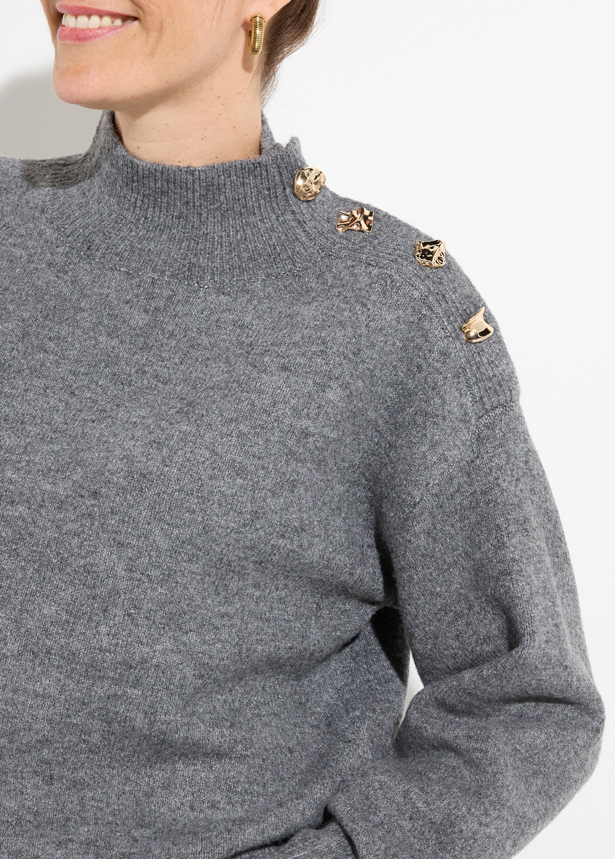 Pull col montant boutons bijou métal Femme Gris MQ-J009 DE1