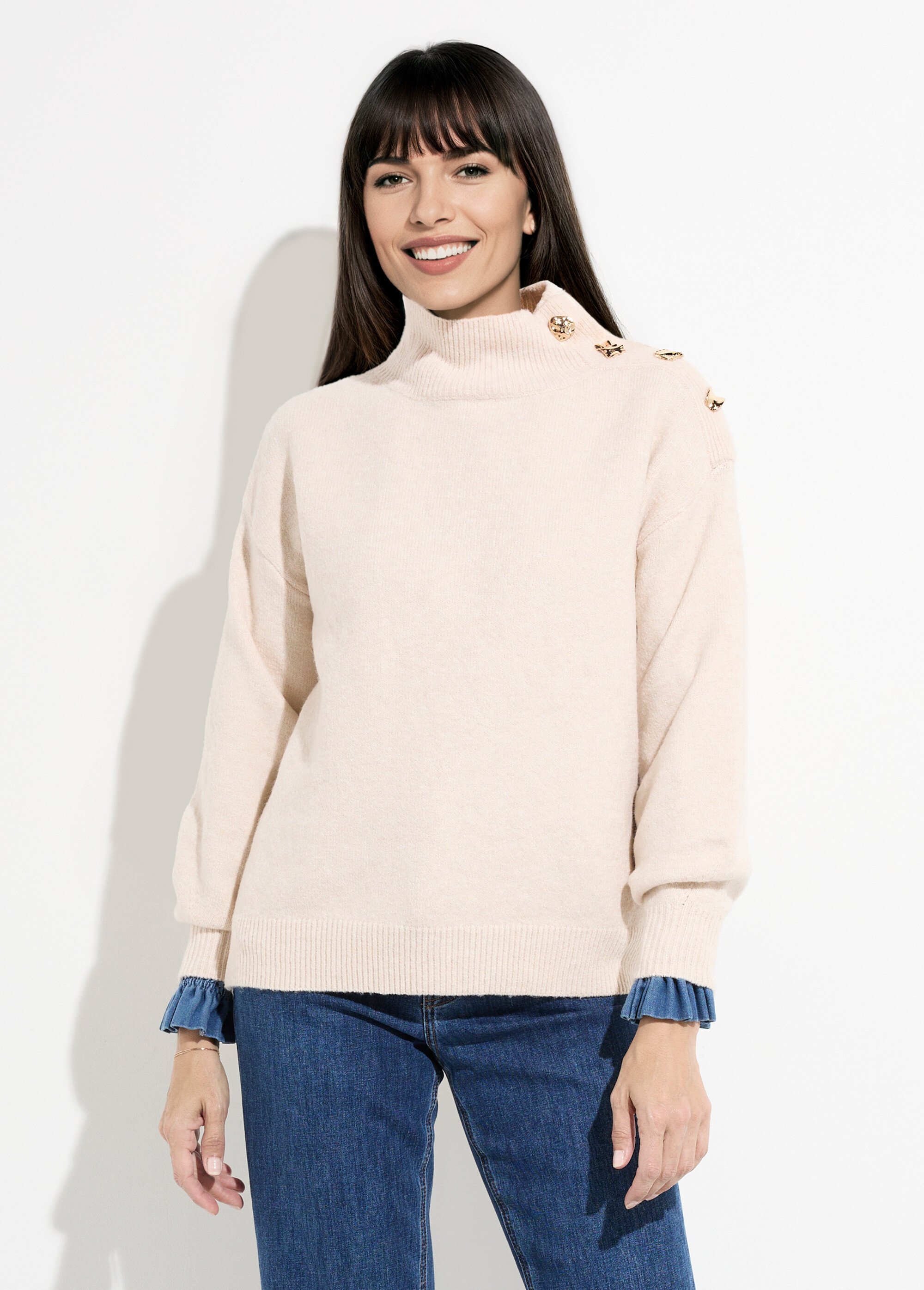 Pull col montant boutons bijou métal Femme Beige MQ-J009 FA1