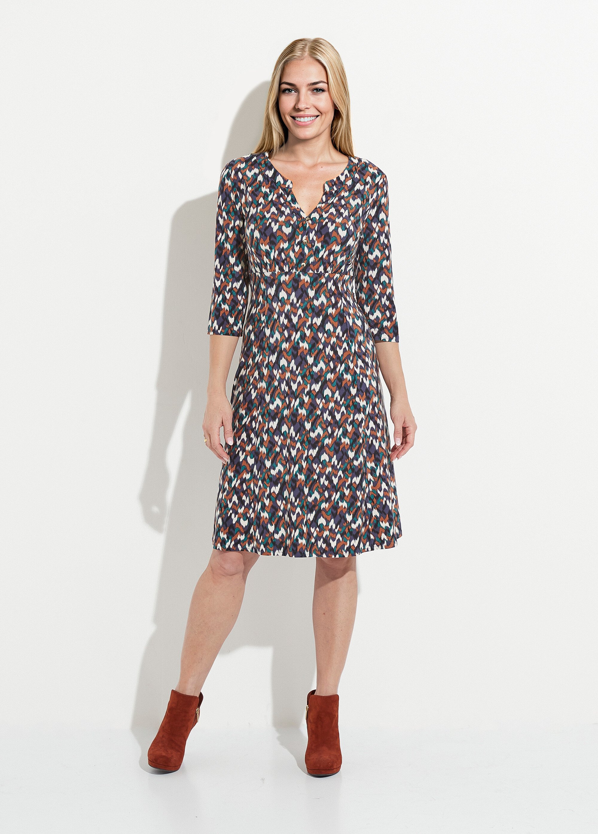 Robe courte évasée manches 3/4 imprimé graphique Femme Bleu HUAGE FA1