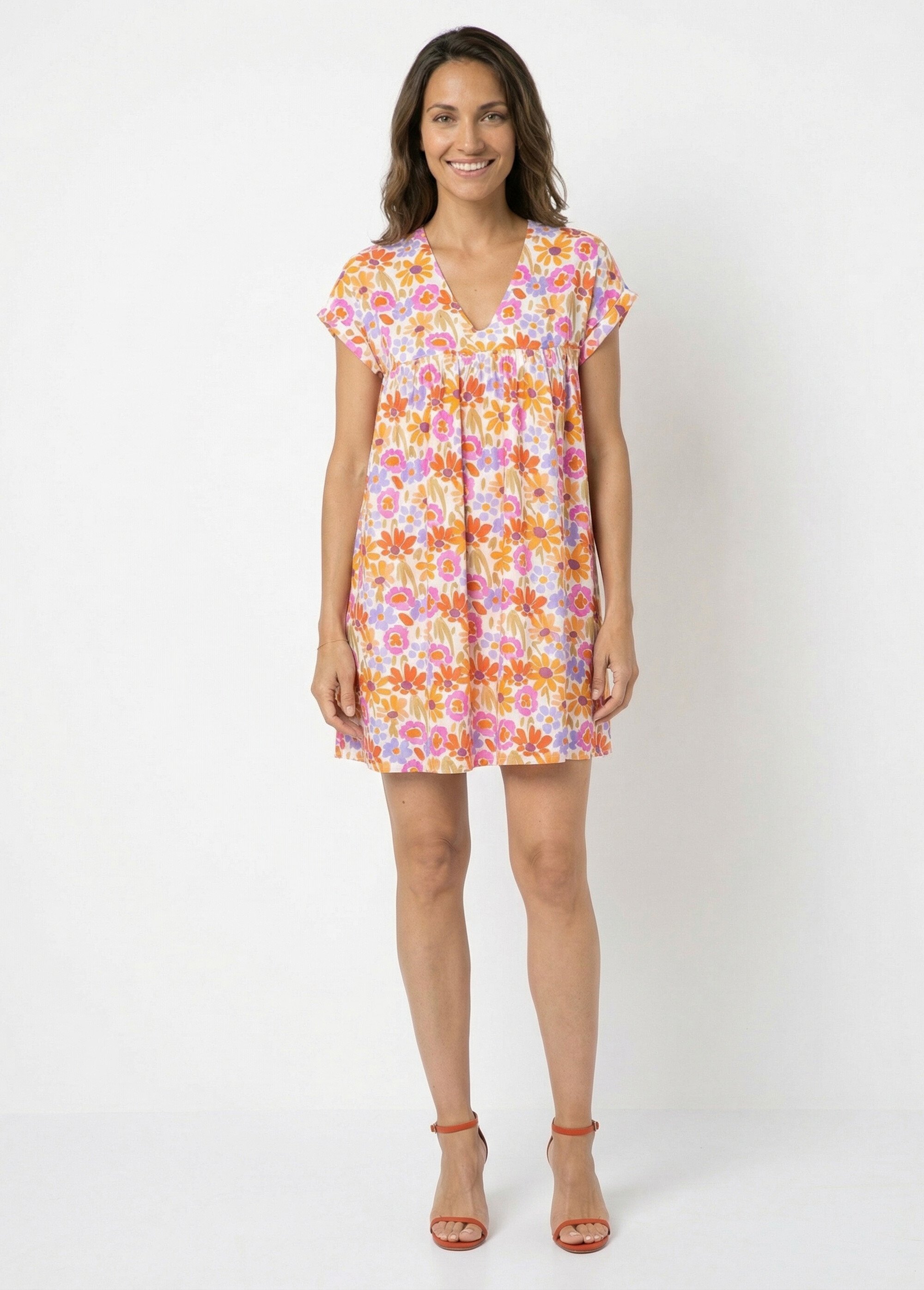 Robe fleurie, détail dos forme  goutte Femme Orange IA-R6613 FA1