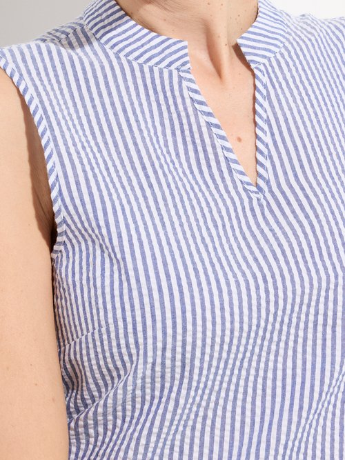 Robe seersucker rayé sans manches volantée Femme Bleu ELYANA DE1