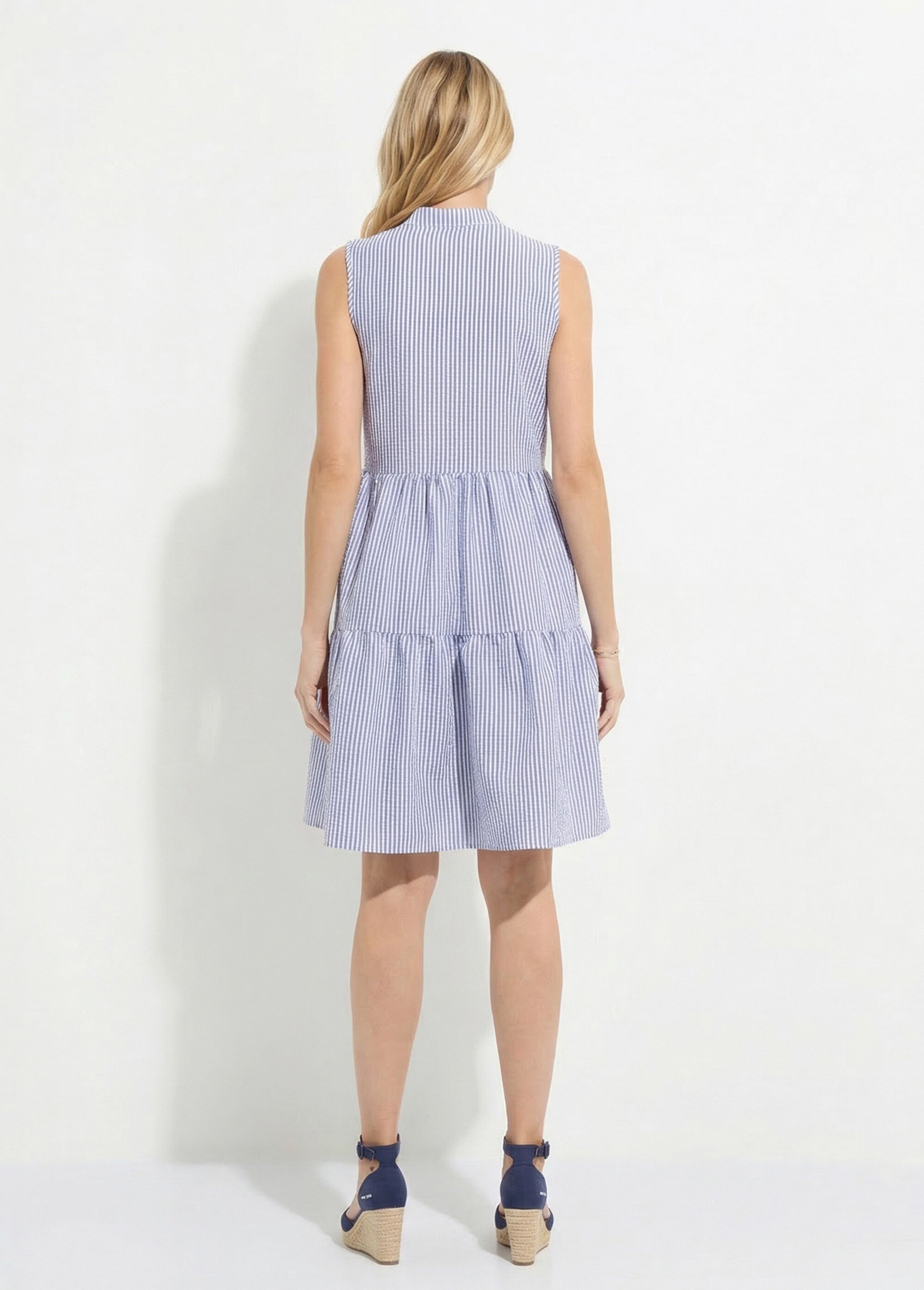 Robe seersucker rayé sans manches volantée Femme Bleu ELYANA DO1