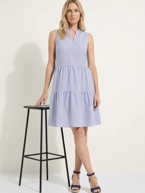 Robe seersucker rayé sans manches volantée Femme Bleu ELYANA MV1