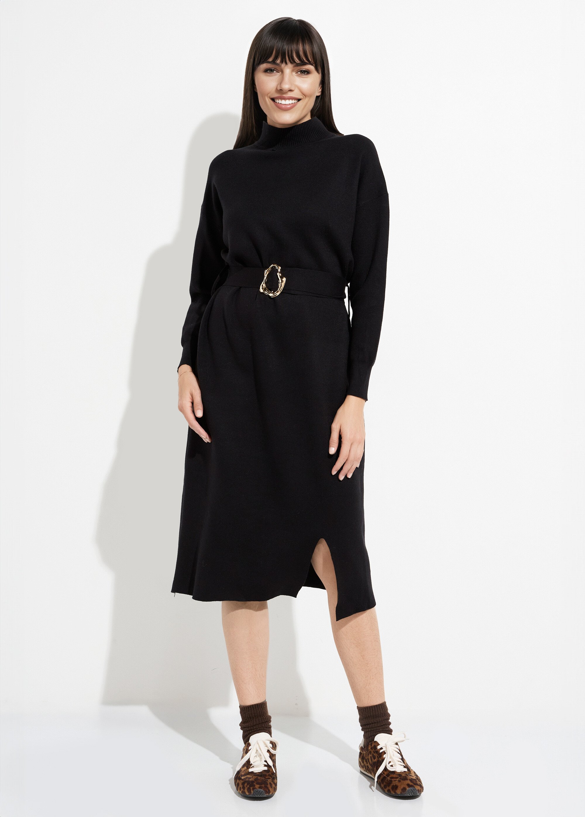 Robe pull col montant ceinture métal Femme Noir MQ-H8801 FA1